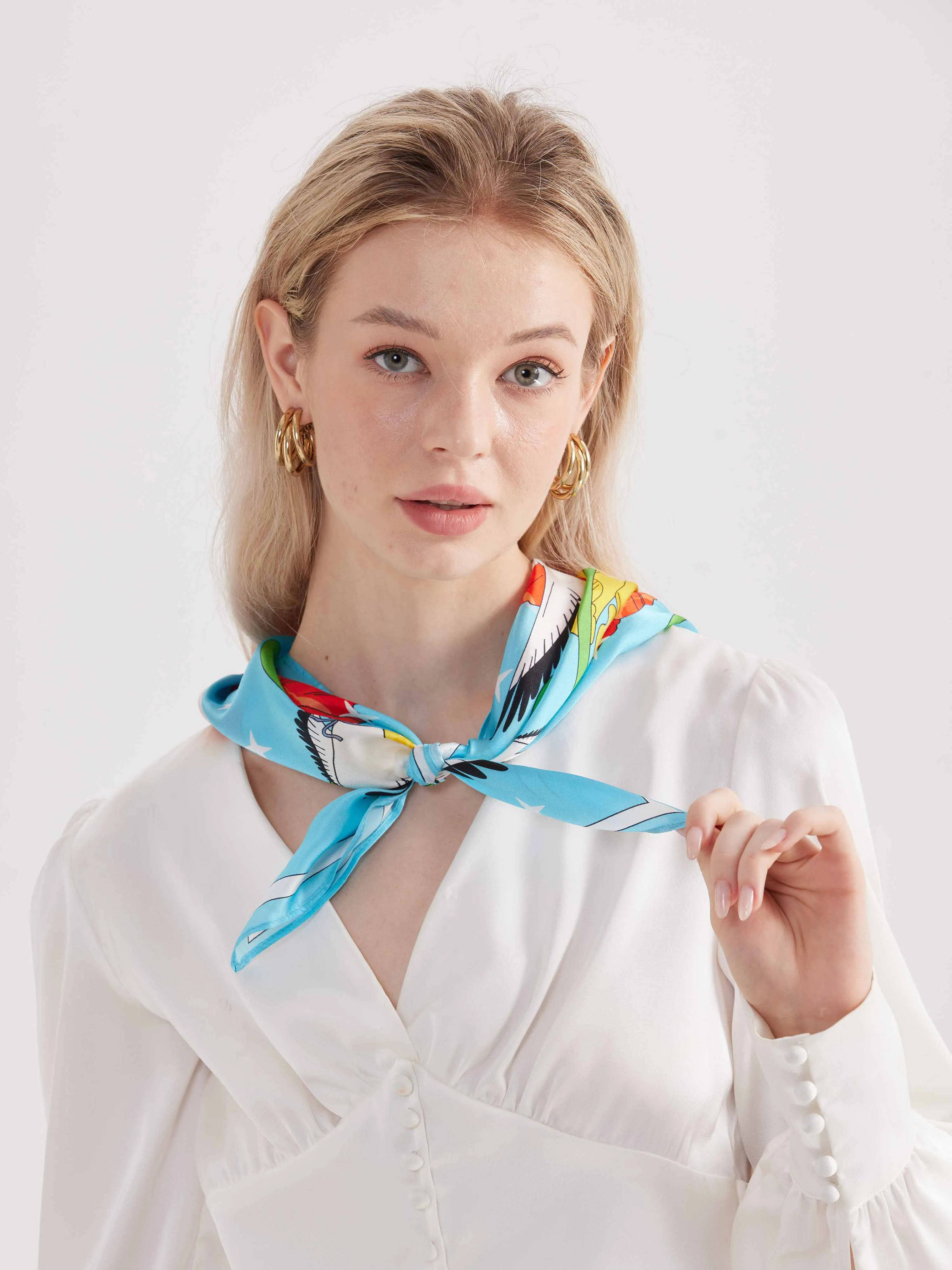 ''Seagull & Corn Poppy'' Silk Scarf - Azure Blue