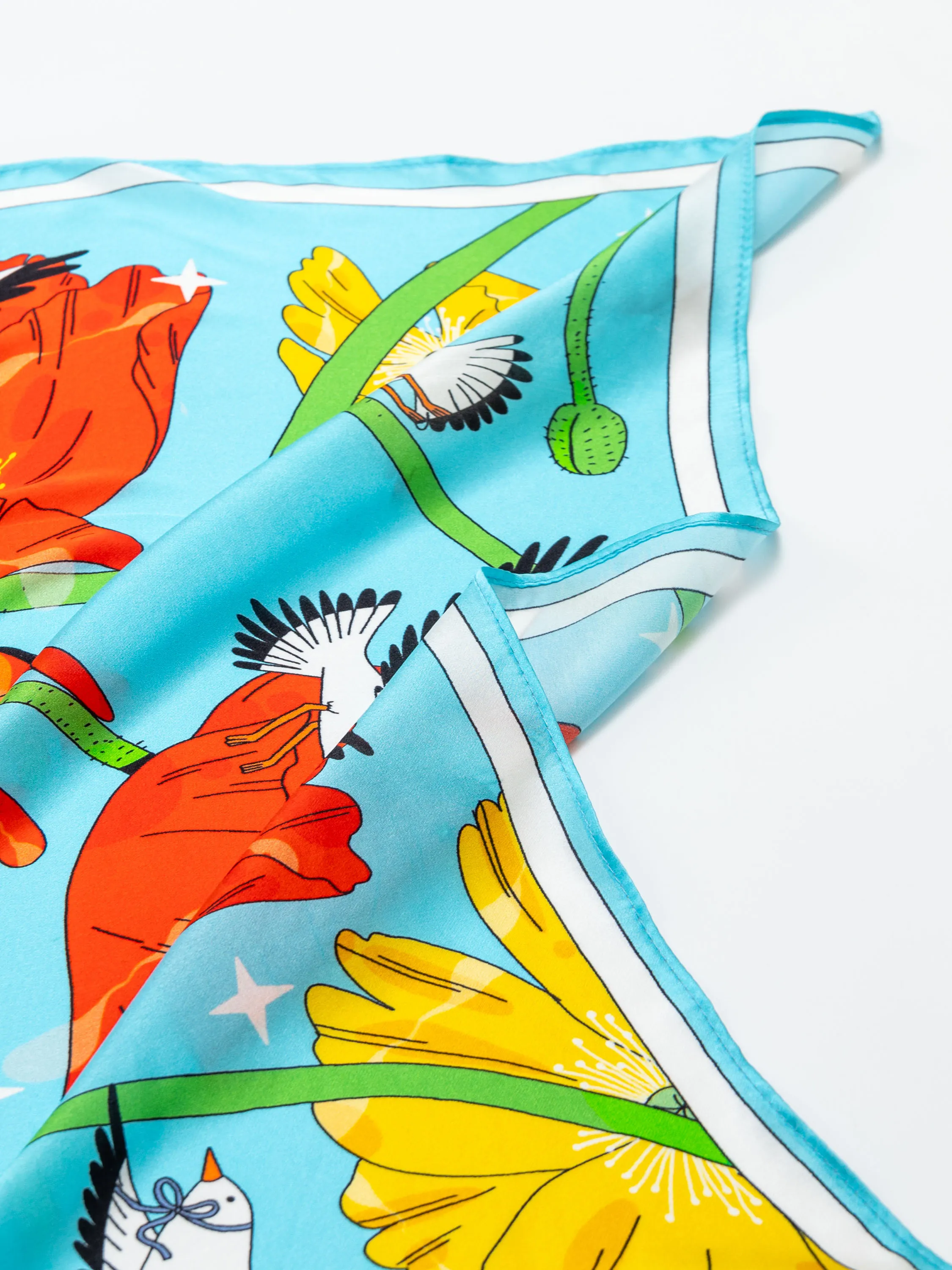 ''Seagull & Corn Poppy'' Silk Scarf - Azure Blue