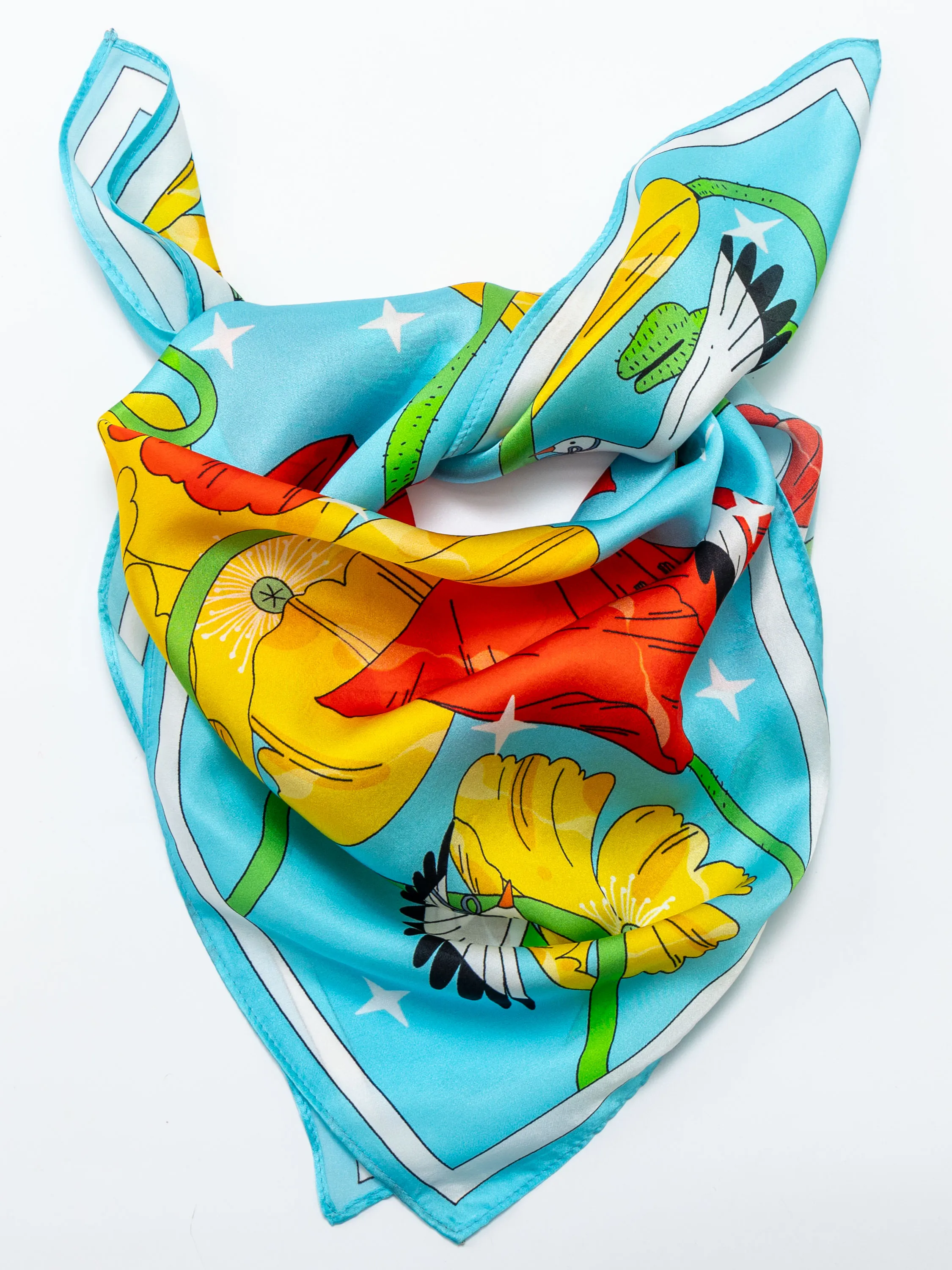 ''Seagull & Corn Poppy'' Silk Scarf - Azure Blue
