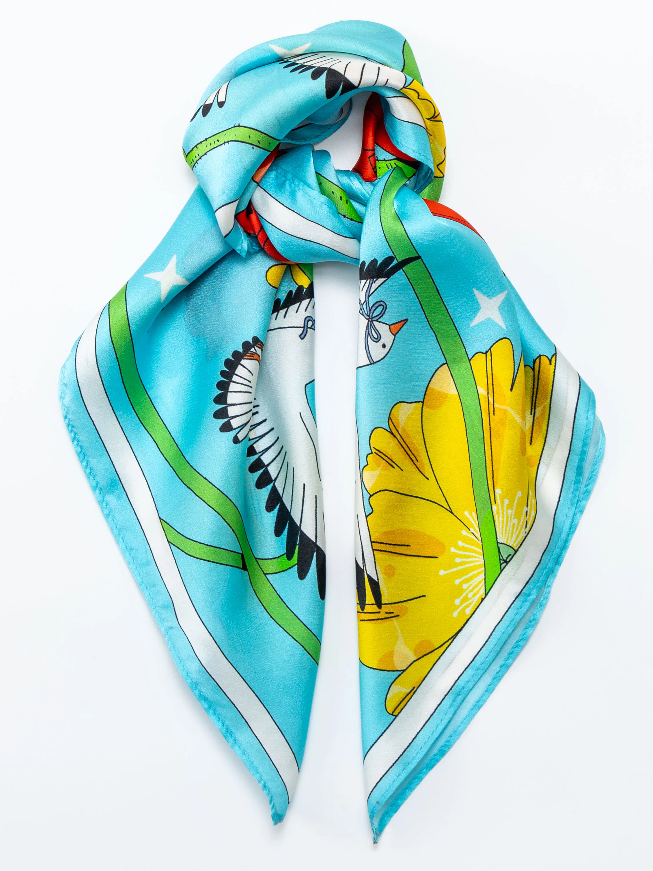 ''Seagull & Corn Poppy'' Silk Scarf - Azure Blue