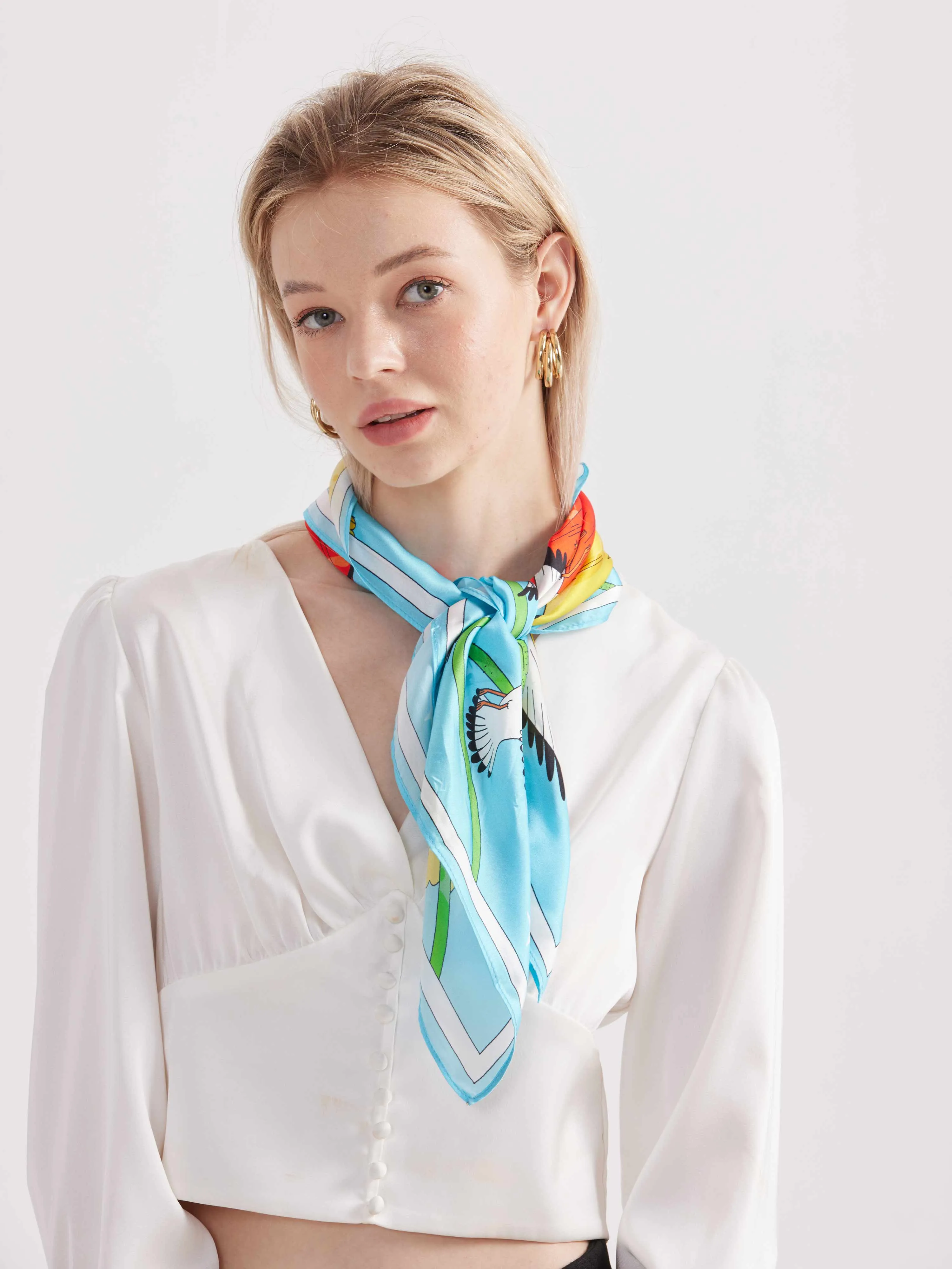 ''Seagull & Corn Poppy'' Silk Scarf - Azure Blue