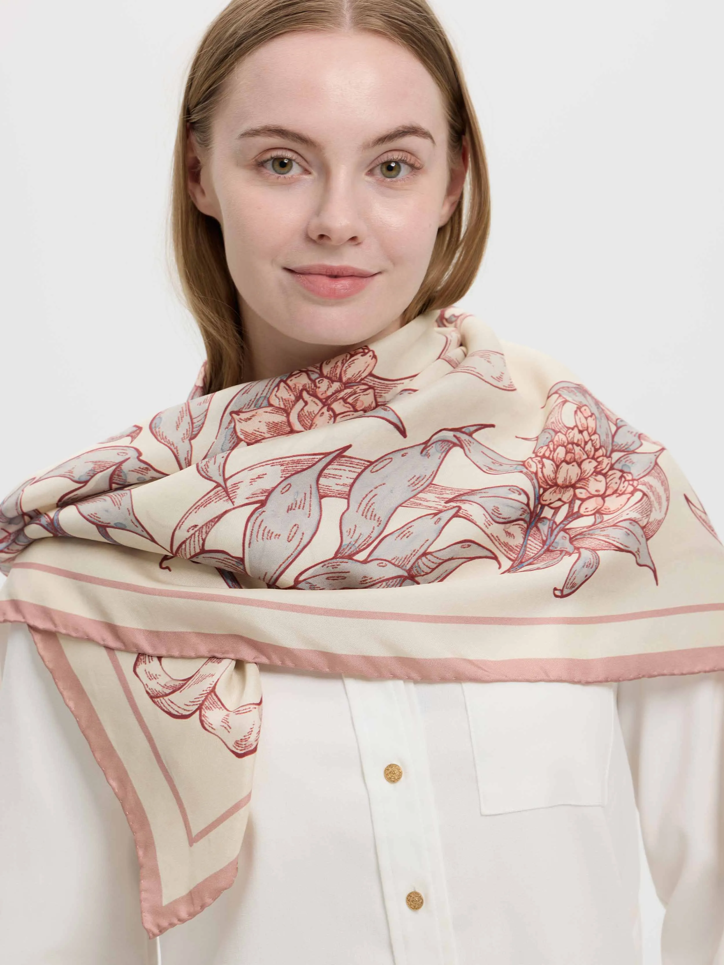 ''Rosa Banksiae''Silk Twill Scarf-Cream/Rose