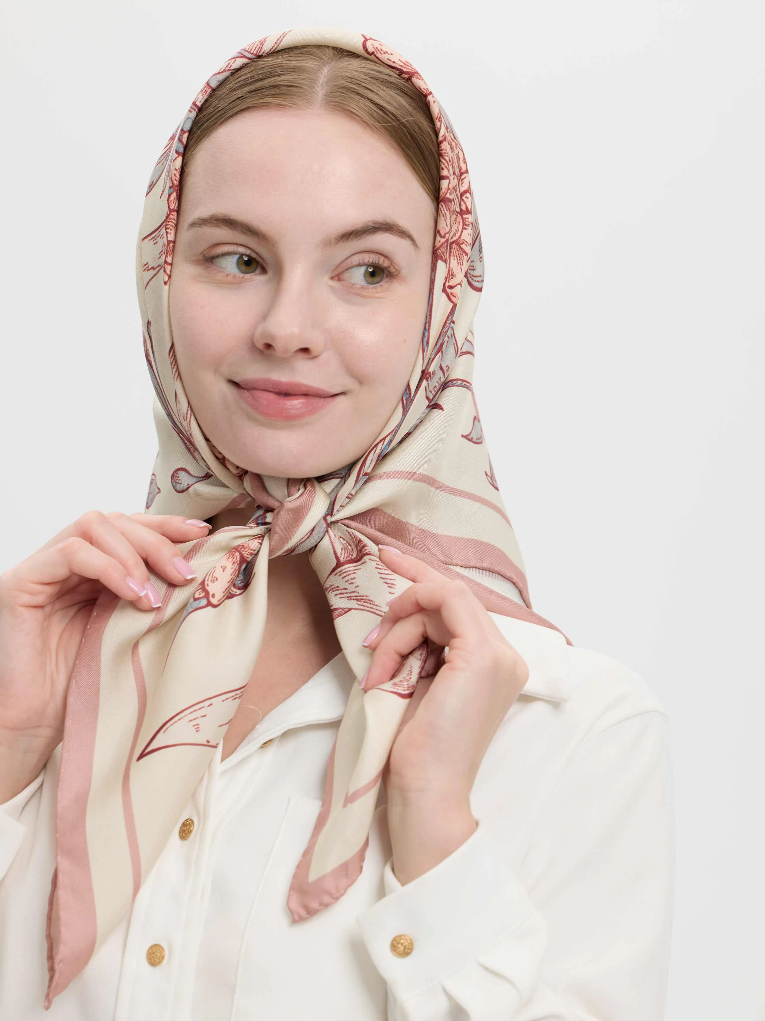 ''Rosa Banksiae''Silk Twill Scarf-Cream/Rose