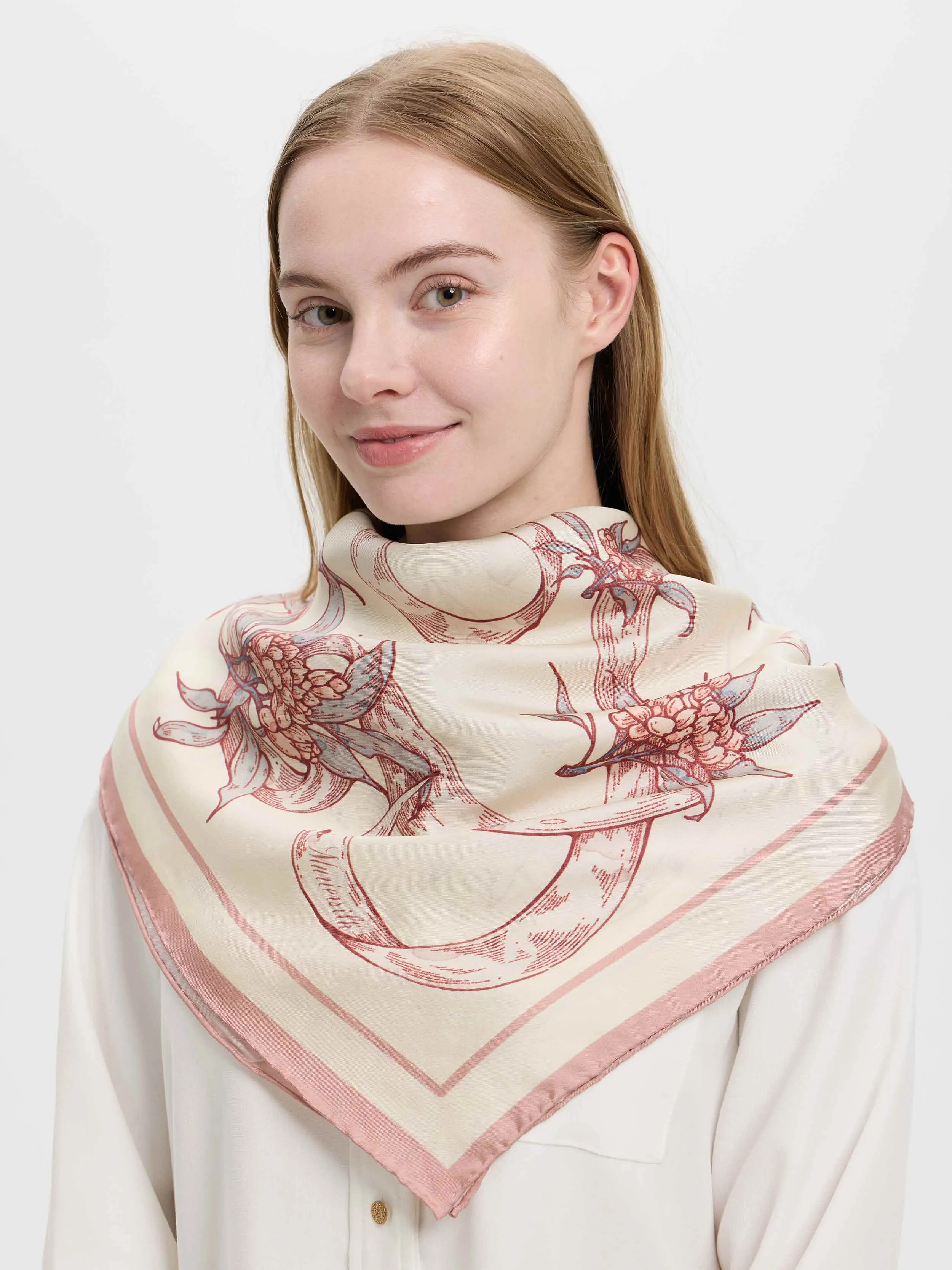 ''Rosa Banksiae''Silk Twill Scarf-Cream/Rose