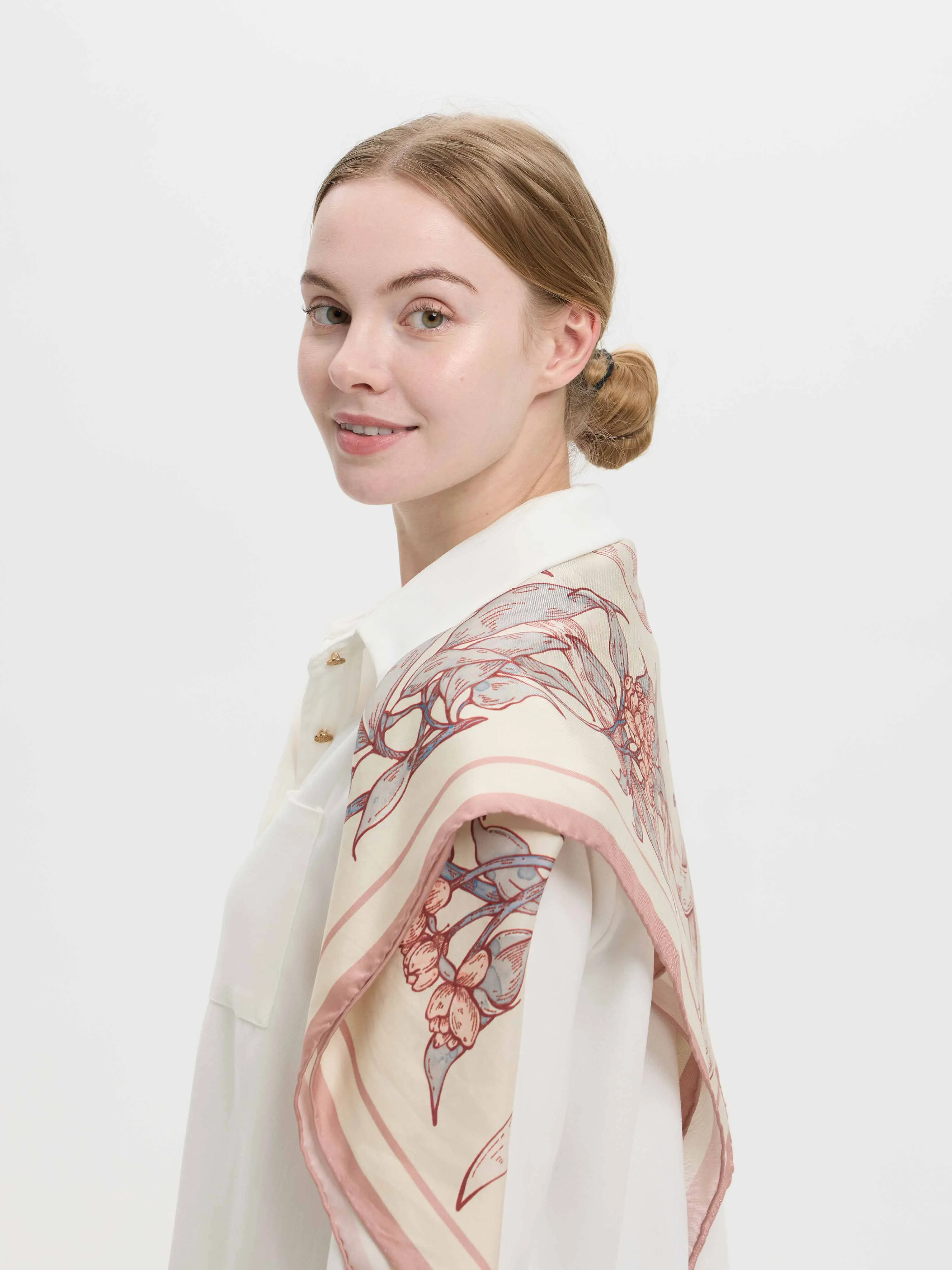 ''Rosa Banksiae''Silk Twill Scarf-Cream/Rose