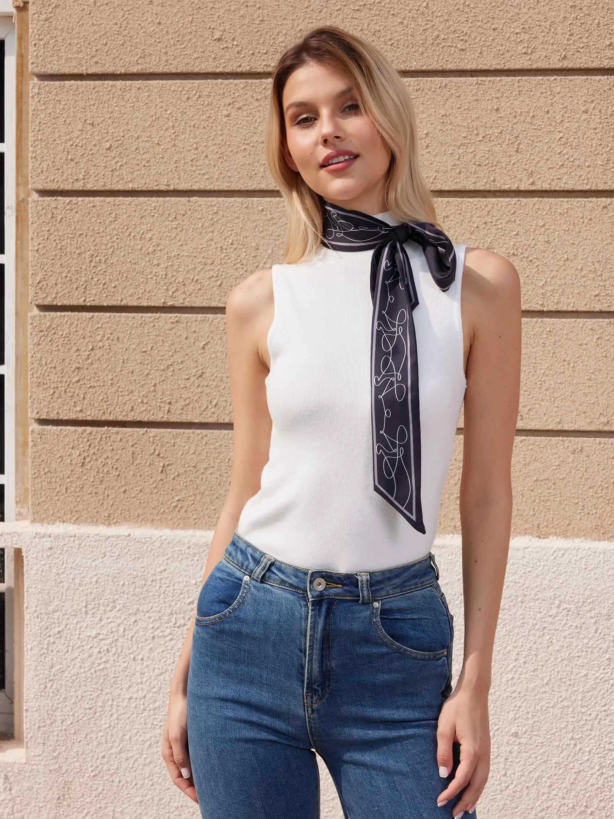 ”M Series” Silk Twill Skinny Scarf - Black/Cream