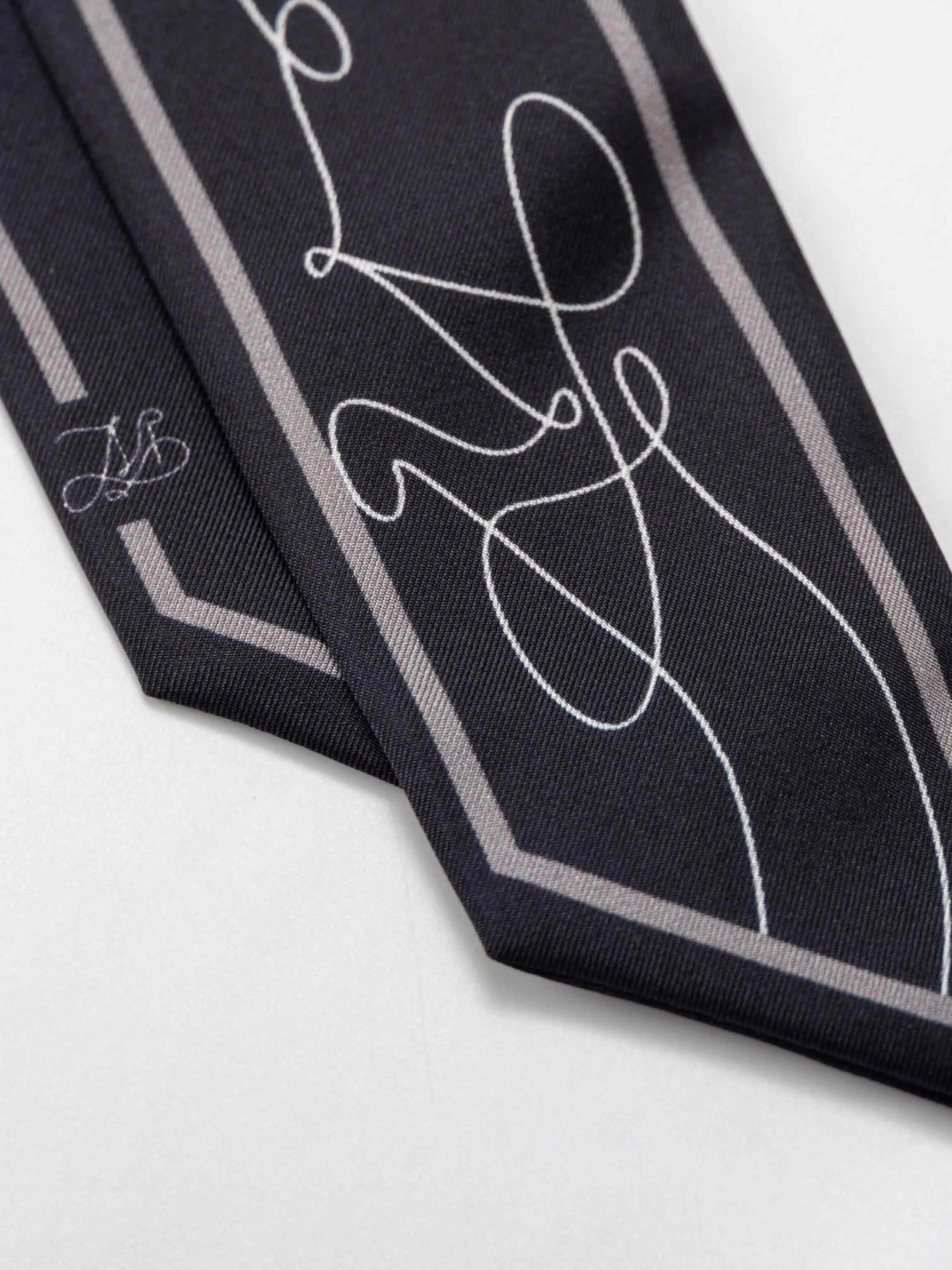 ”M Series” Silk Twill Skinny Scarf - Black/Cream