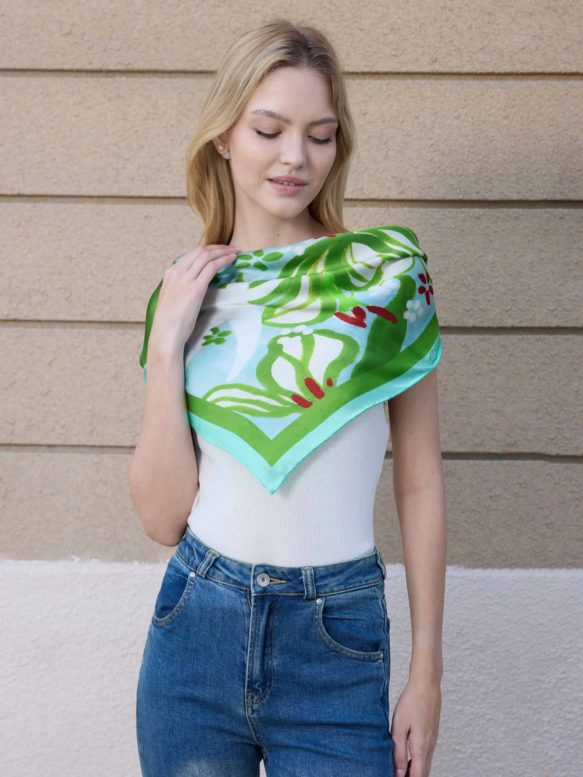 ”Moonlit Lily” Silk Square Scarf - Mint/Azure