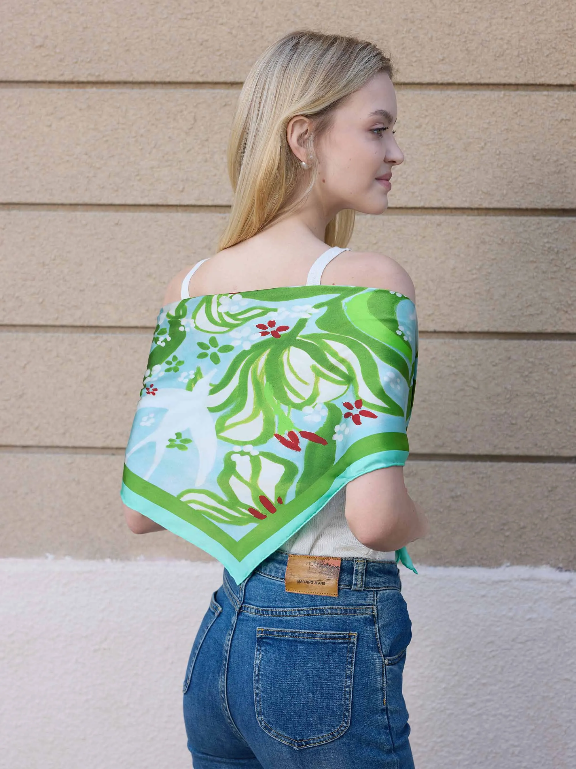 ”Moonlit Lily” Silk Square Scarf - Mint/Azure