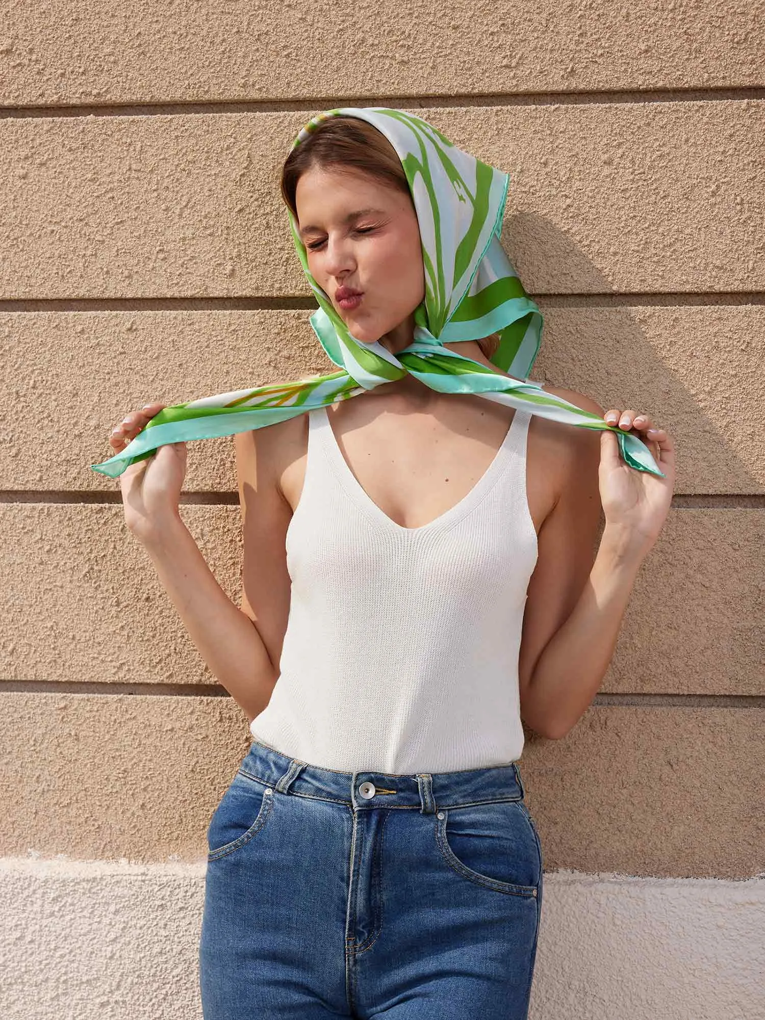 ”Moonlit Lily” Silk Square Scarf - Mint/Azure