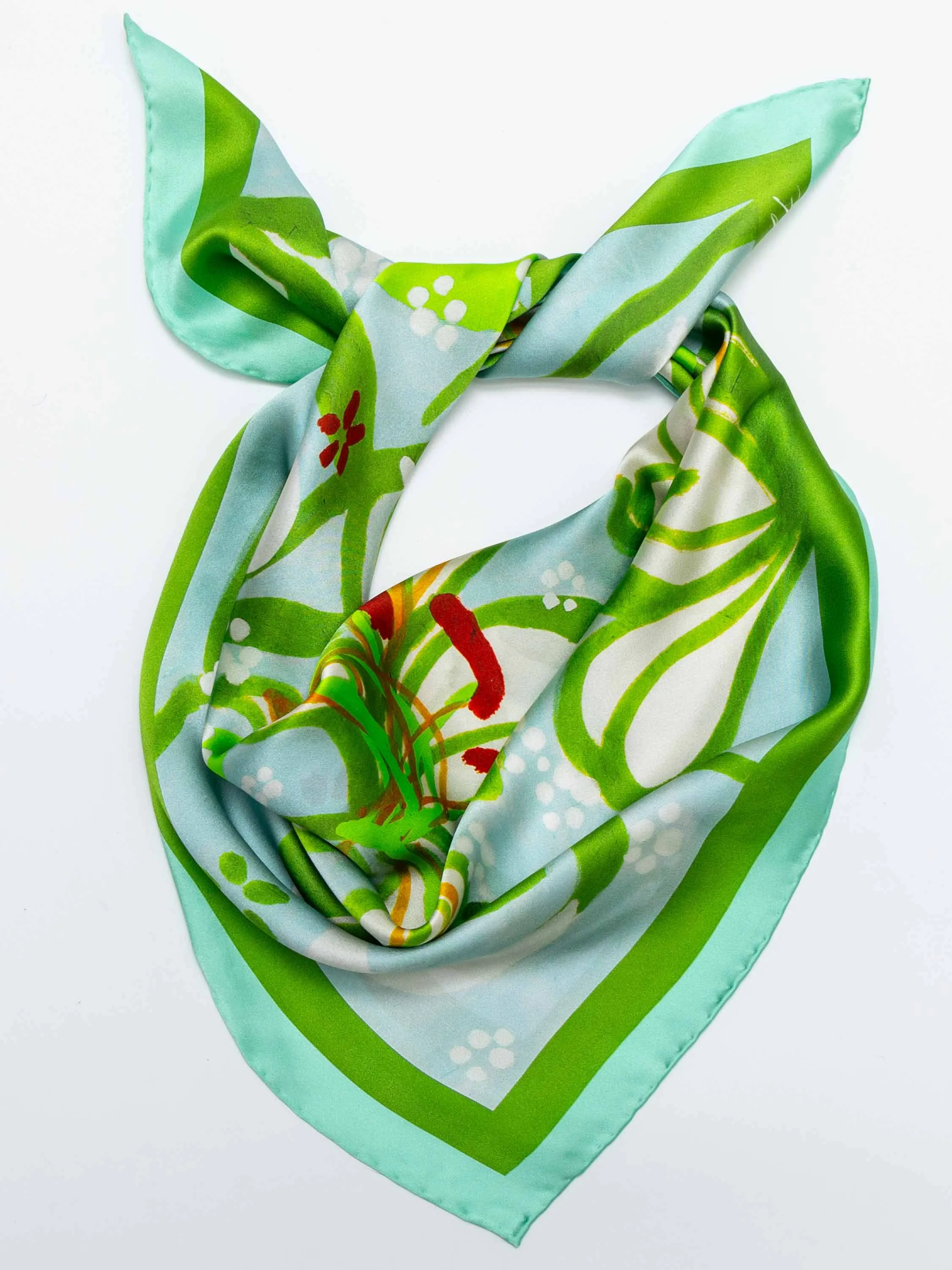 ”Moonlit Lily” Silk Square Scarf - Mint/Azure