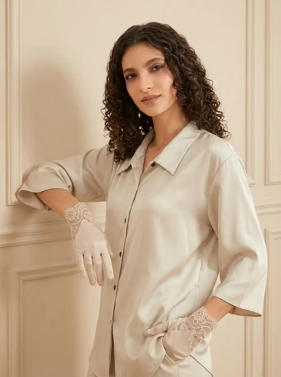Silk Sleeping Gloves with Lace Cuff for Dry Hand Treatment
