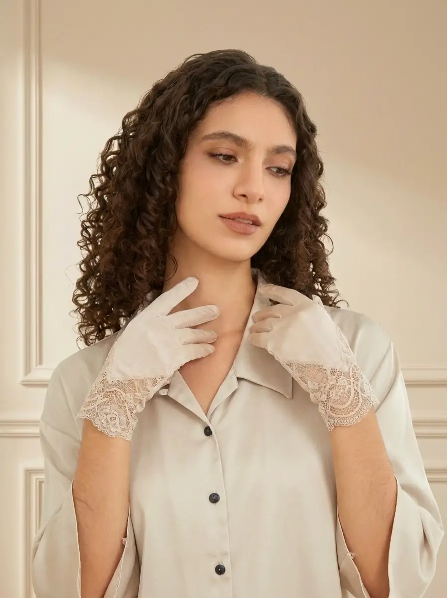 Silk Sleeping Gloves with Lace Cuff for Dry Hand Treatment