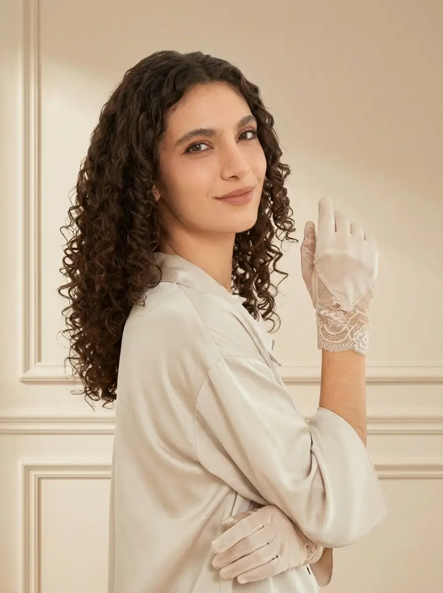 Silk Sleeping Gloves with Lace Cuff for Dry Hand Treatment