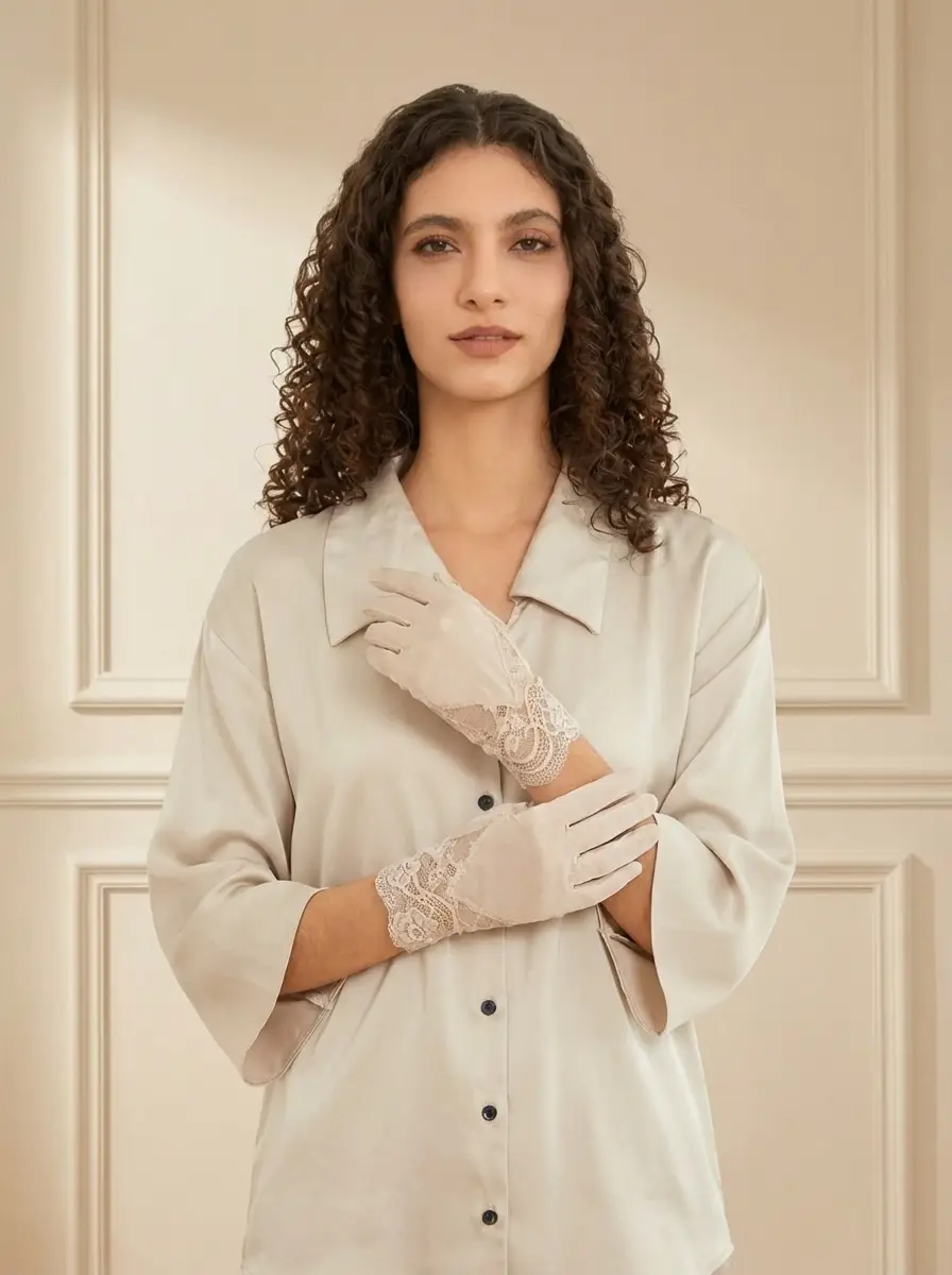 Silk Sleeping Gloves with Lace Cuff for Dry Hand Treatment