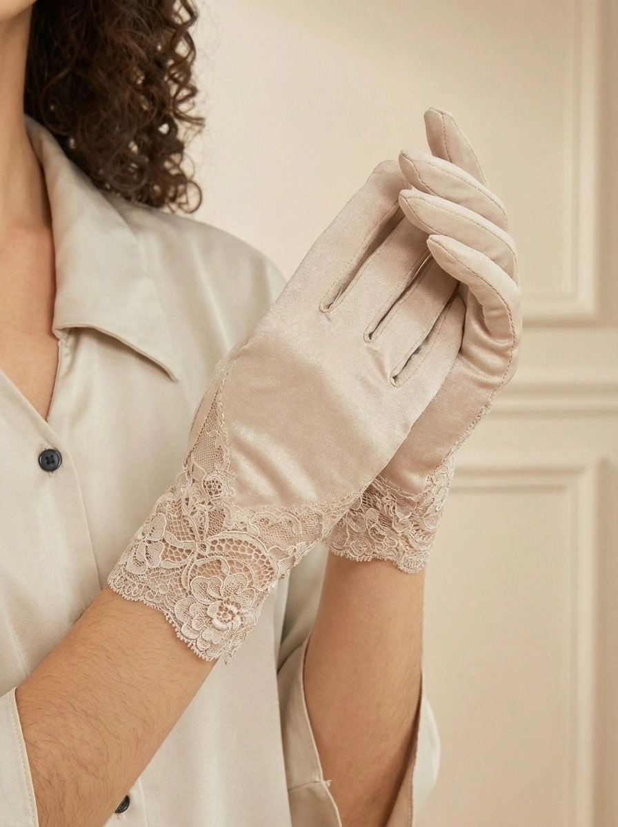 Silk Sleeping Gloves with Lace Cuff for Dry Hand Treatment