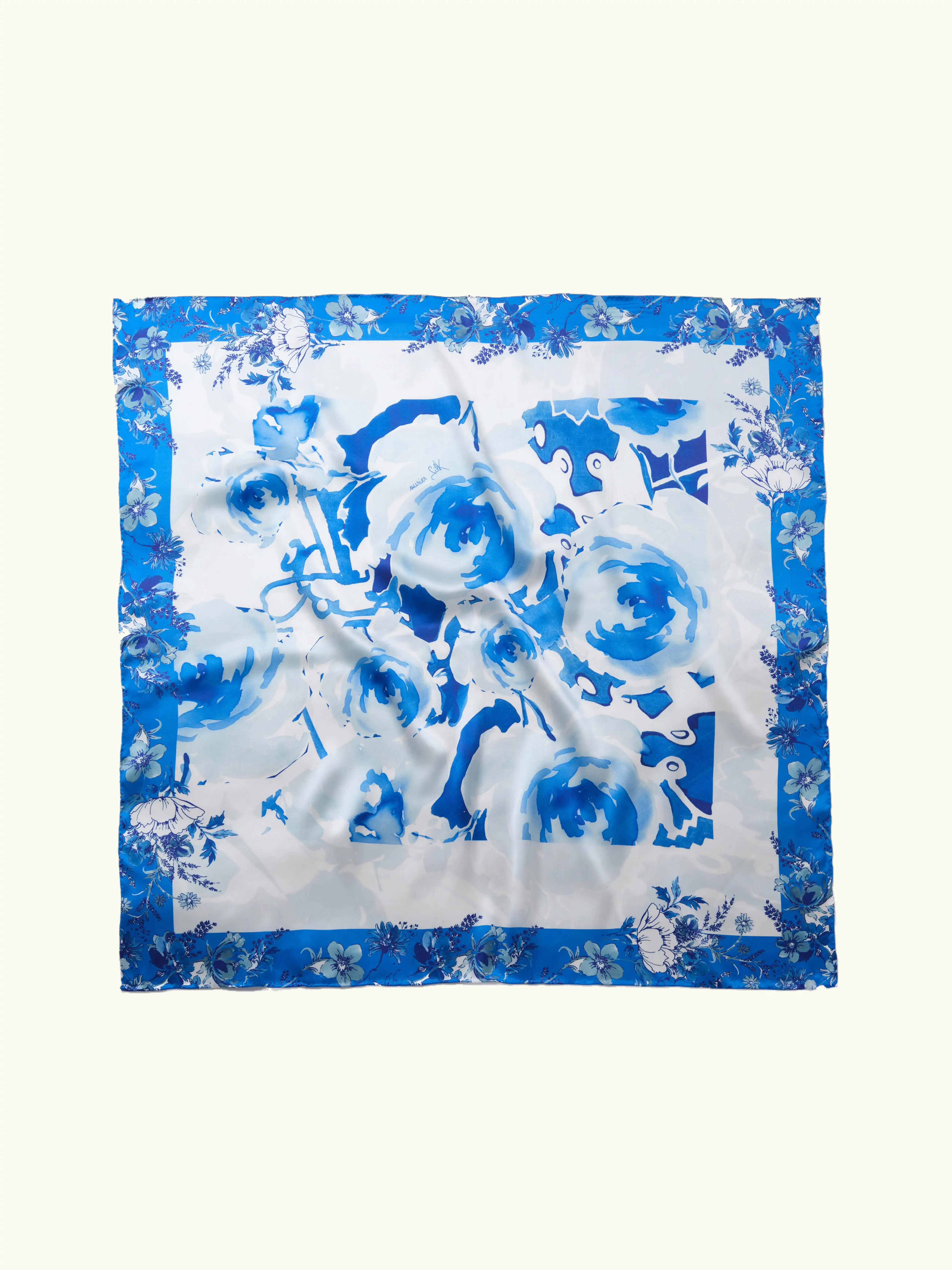 Muriersilk Spring Rose Garden Silk Crepe Satin Scarf-Blue/Pink/Red — front view — premium mulberry silk