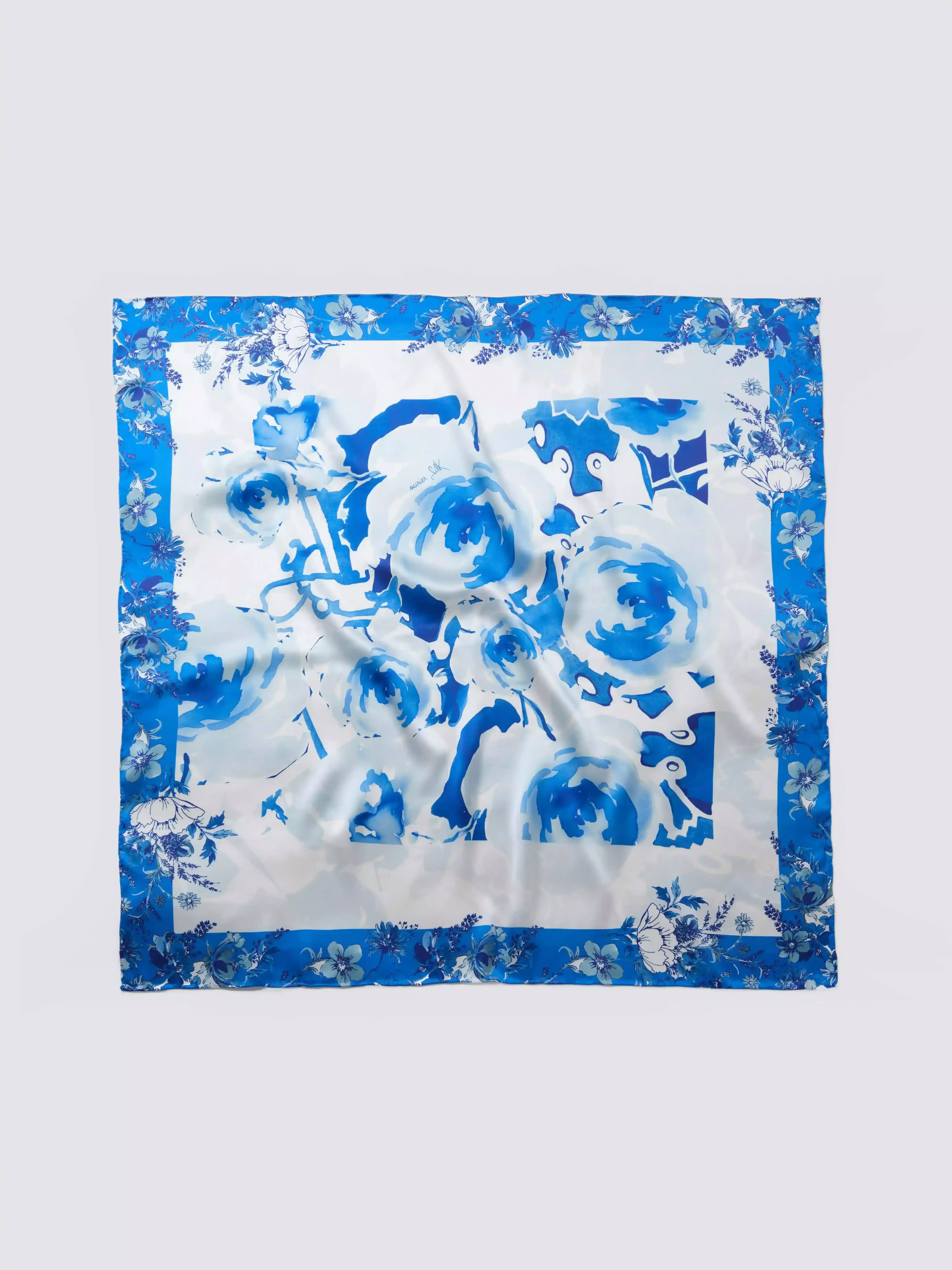 Muriersilk Spring Rose Garden Silk Crepe Satin Scarf-Blue/Pink/Red — front view — premium mulberry silk
