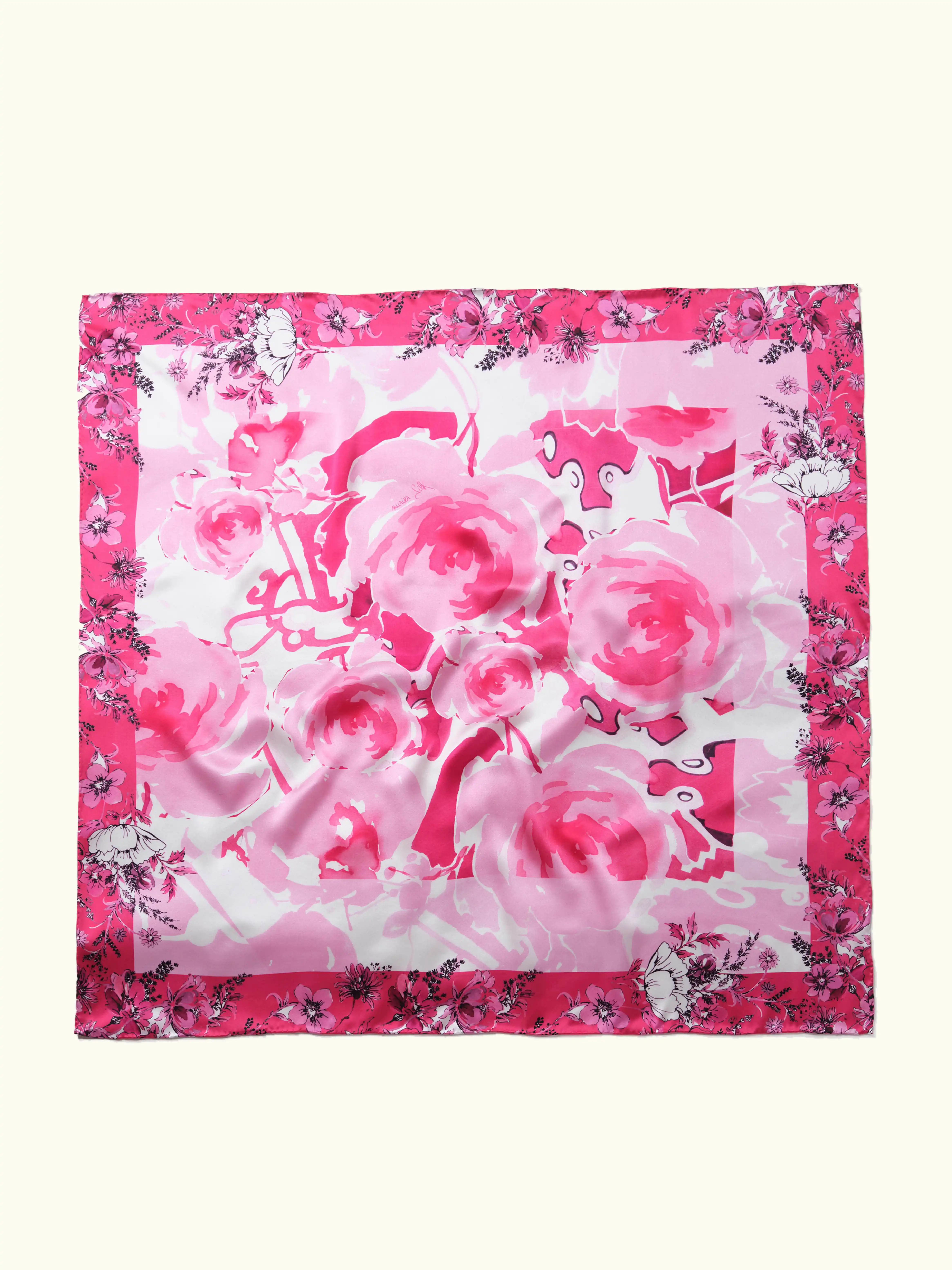 Muriersilk Spring Rose Garden Silk Crepe Satin Scarf-Blue/Pink/Red — front view — premium mulberry silk