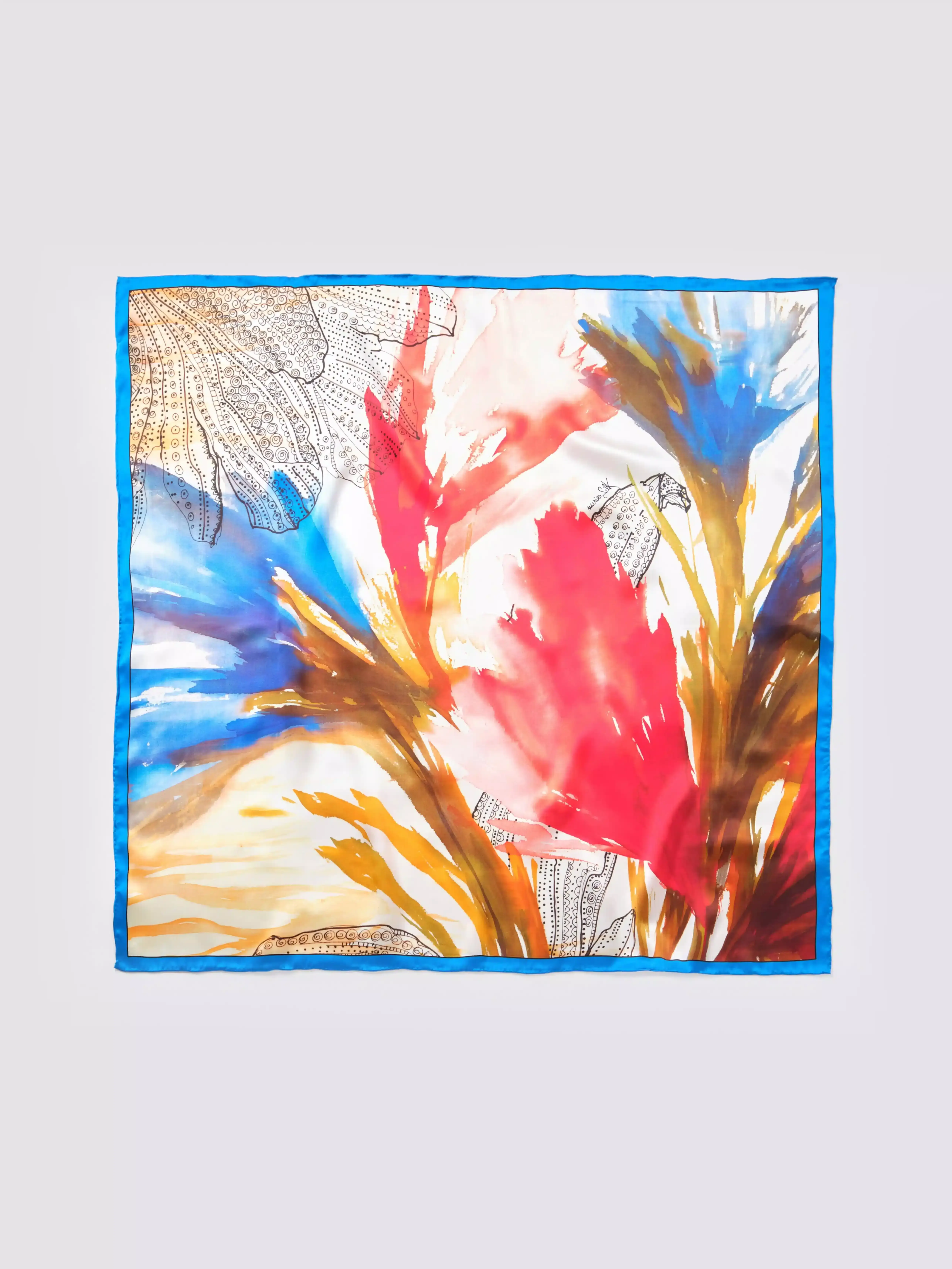 Muriersilk Fireworks Flower Silk Crepe Satin Scarf-Blue/Coral — front view — premium mulberry silk