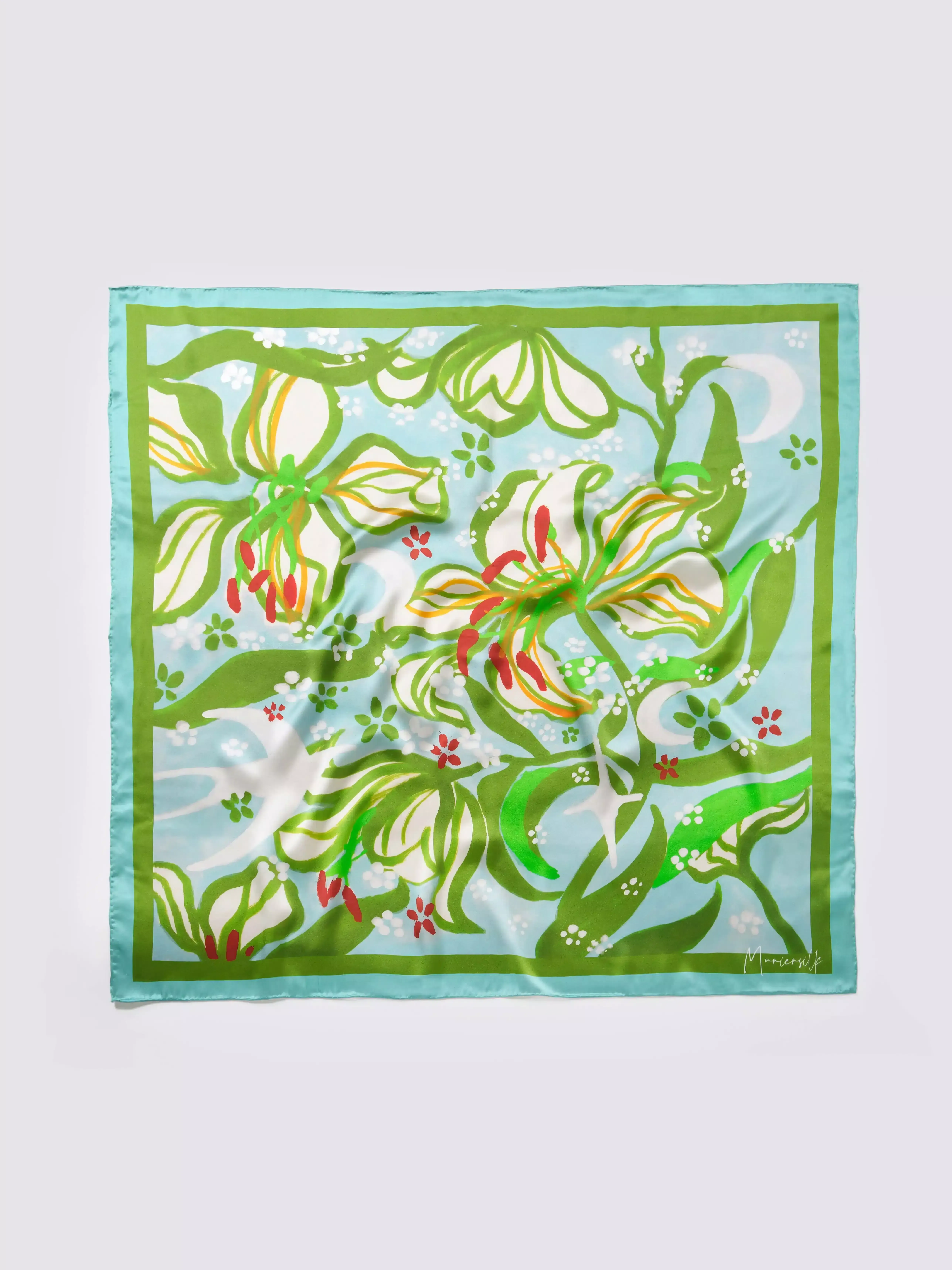 Muriersilk Moonlit Lily Silk Crepe Satin Scarf-Green/Aqua — front view — premium mulberry silk