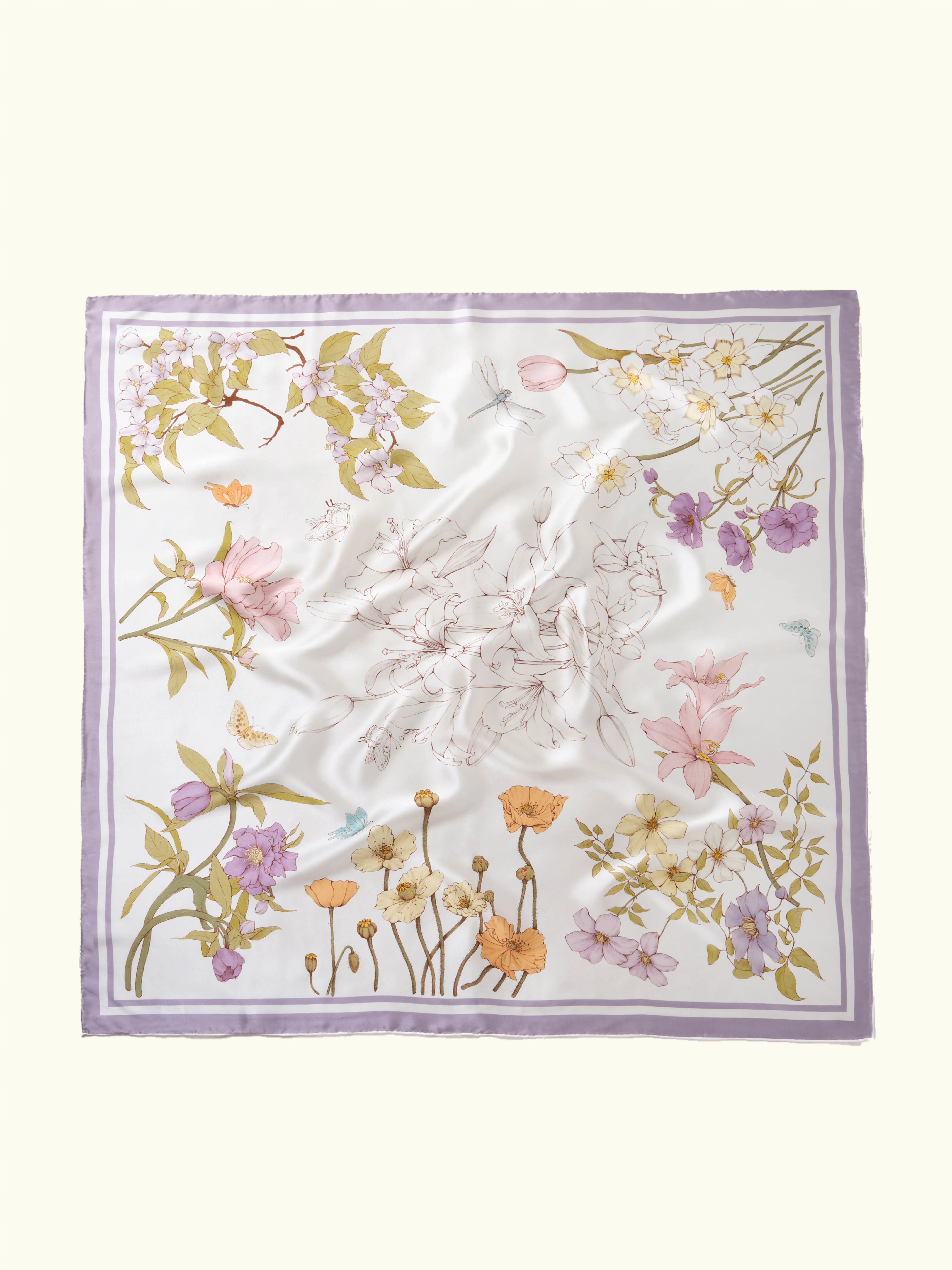 Muriersilk Spring Meadow Floral Silk Crepe Satin Scarf-Lavender/Pink — front view — premium mulberry silk