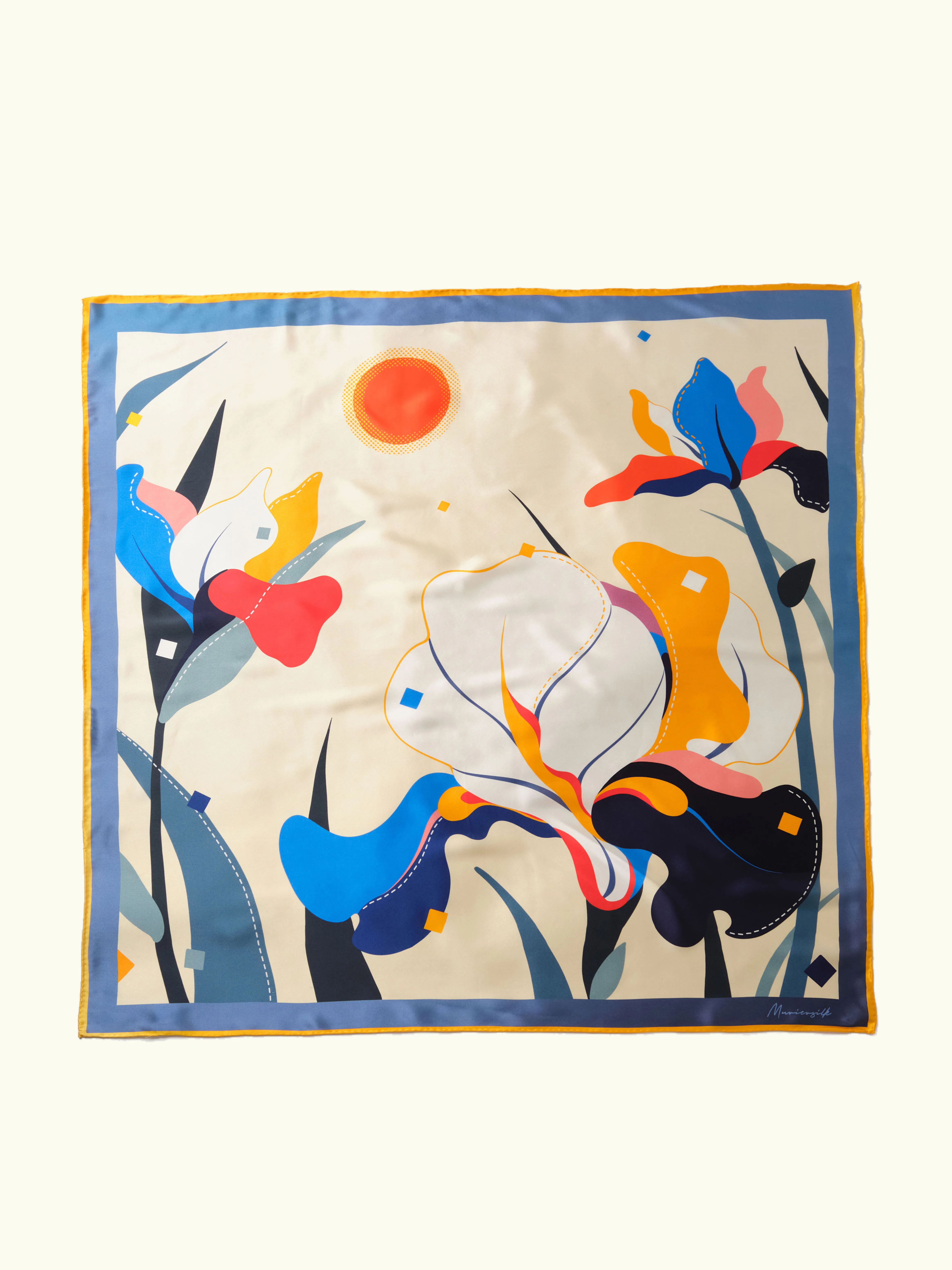 Muriersilk Abstract Iris Silk Crepe Satin Scarf-Navy/Coral — front view — premium mulberry silk