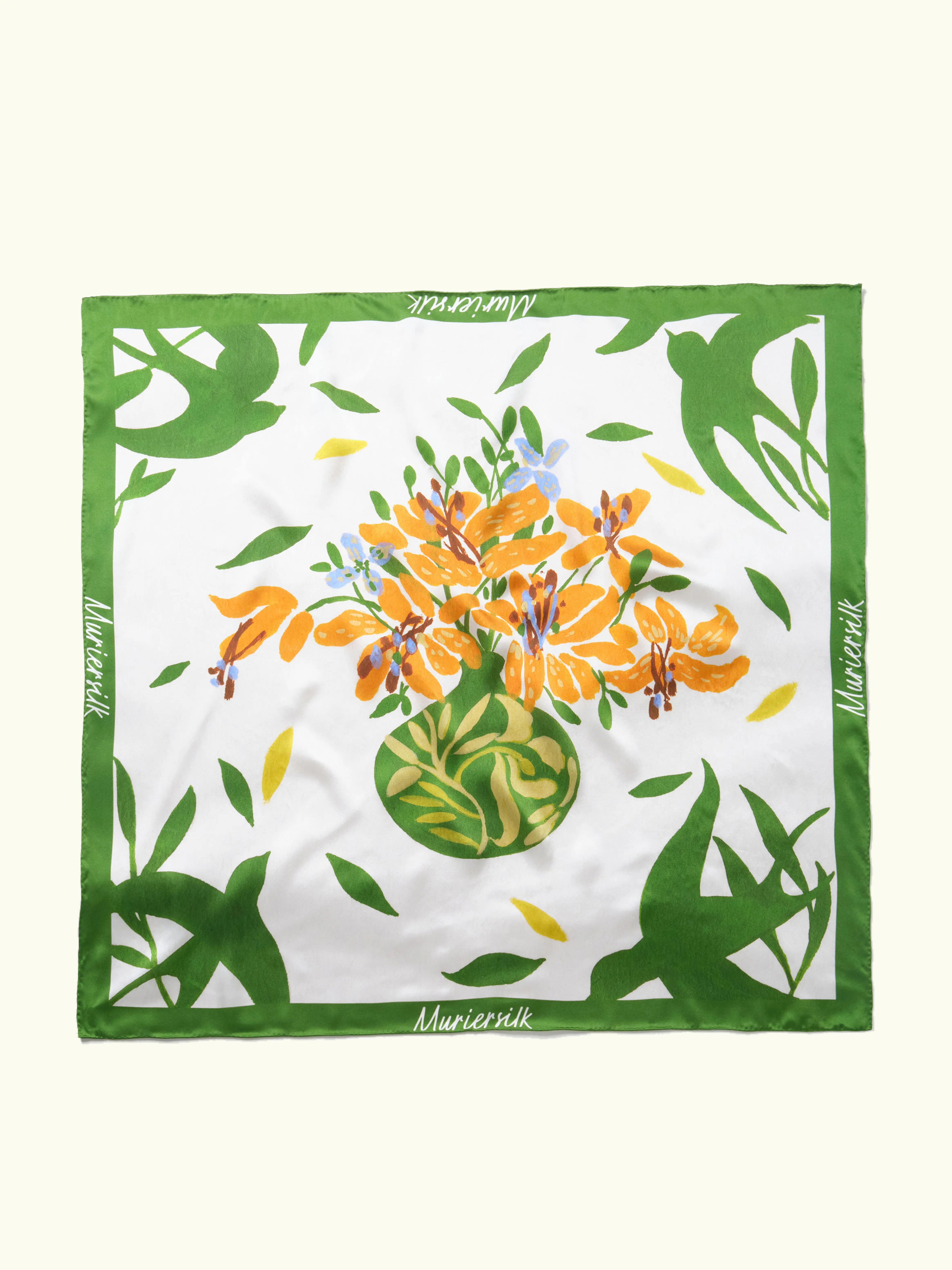 Muriersilk Spring Garden Lily Silk Crepe Satin Scarf-Green/Orange — front view — premium mulberry silk