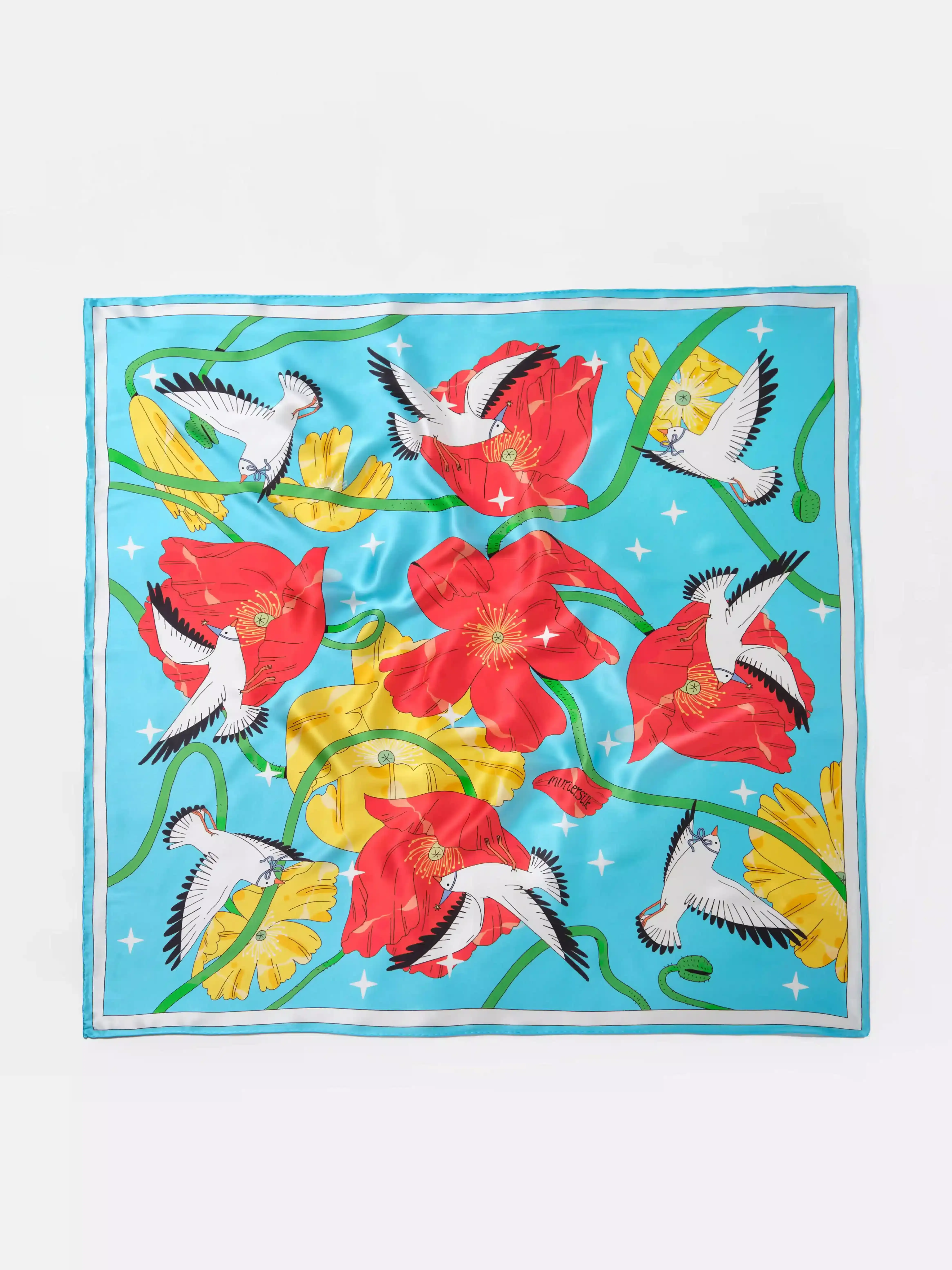 Muriersilk Bird and Poppy Silk Crepe Satin Scarf-Turquoise/Red — front view — premium mulberry silk