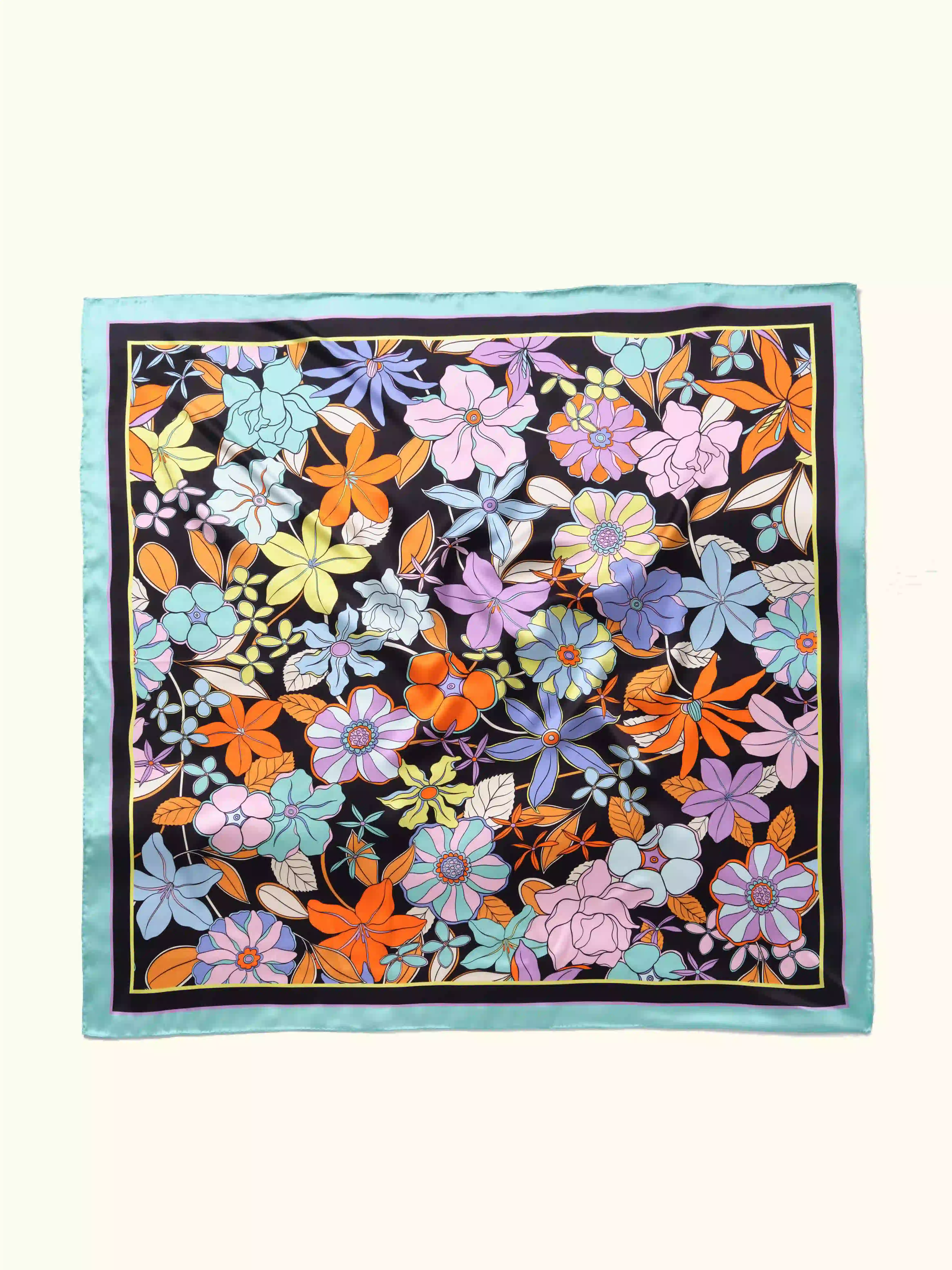 Muriersilk Allover Floral Silk Crepe Satin Scarf-Aqua/Lavender/Orange/Yellow — front view — premium mulberry silk