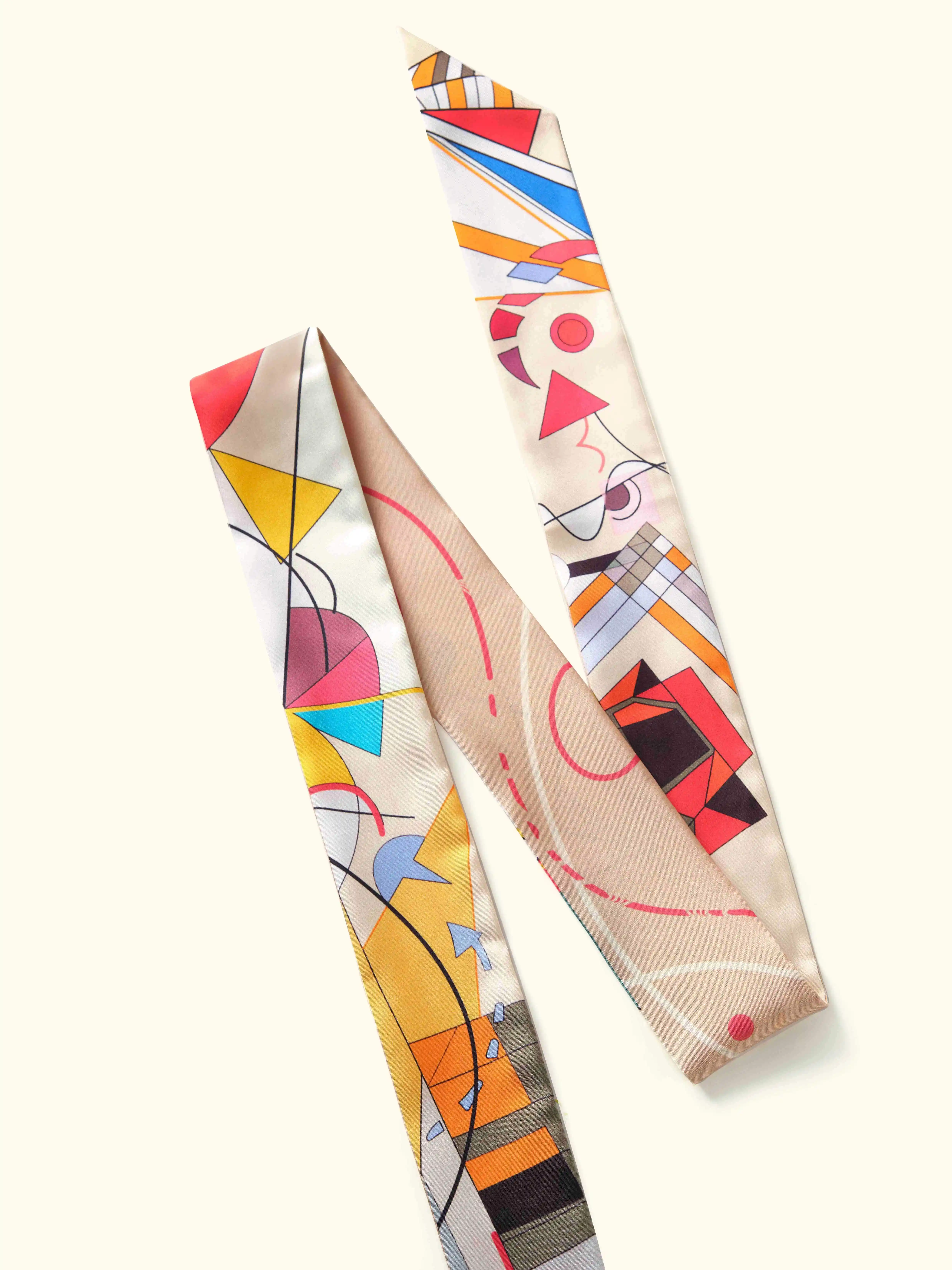 Muriersilk Abstract Geometry Silk Twill Skinny Scarf – Multicolor — front view — premium mulberry silk