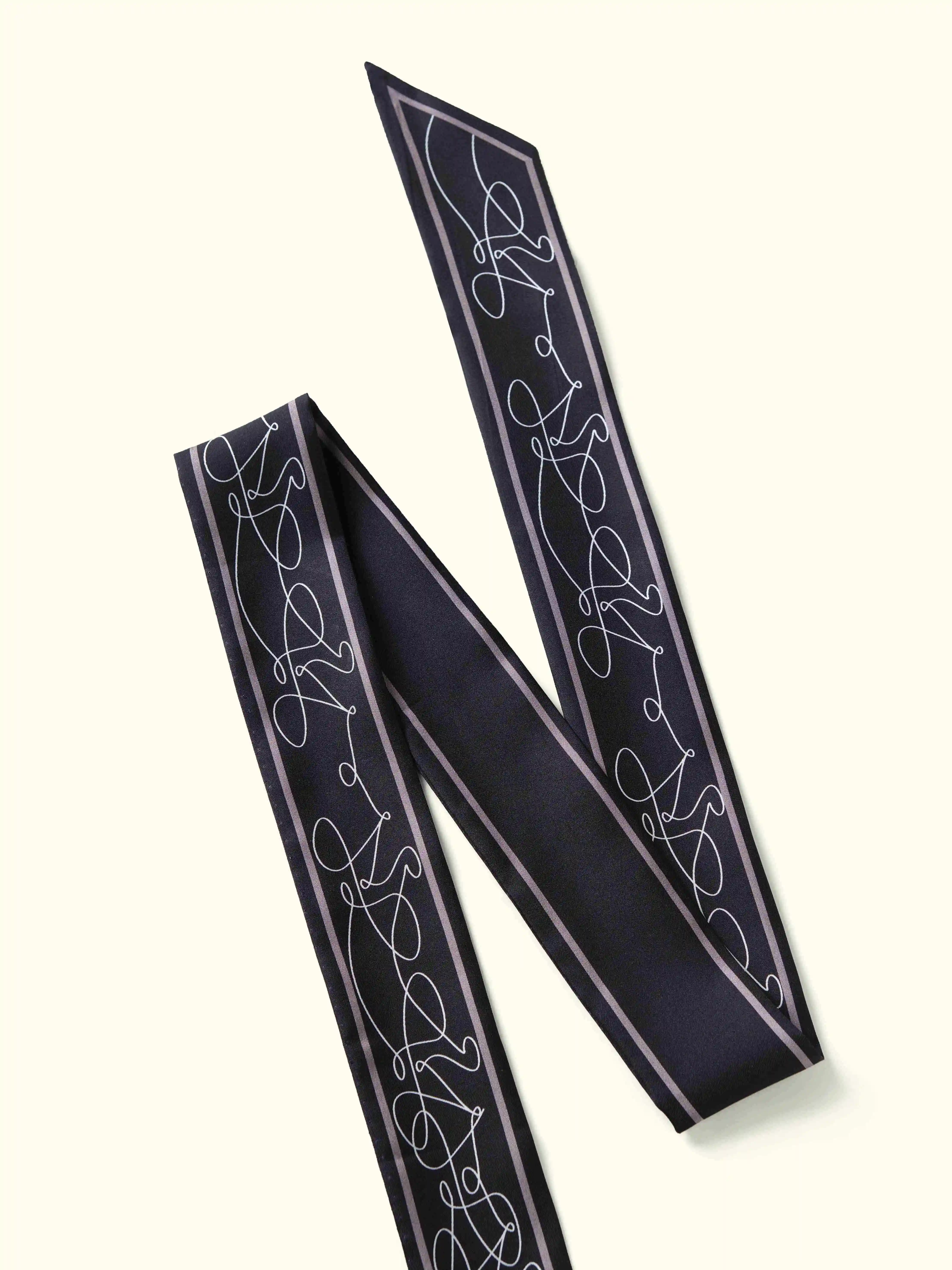 Muriersilk Signature Line Silk Twill Skinny Scarf – Black/Ivory — front view — premium mulberry silk