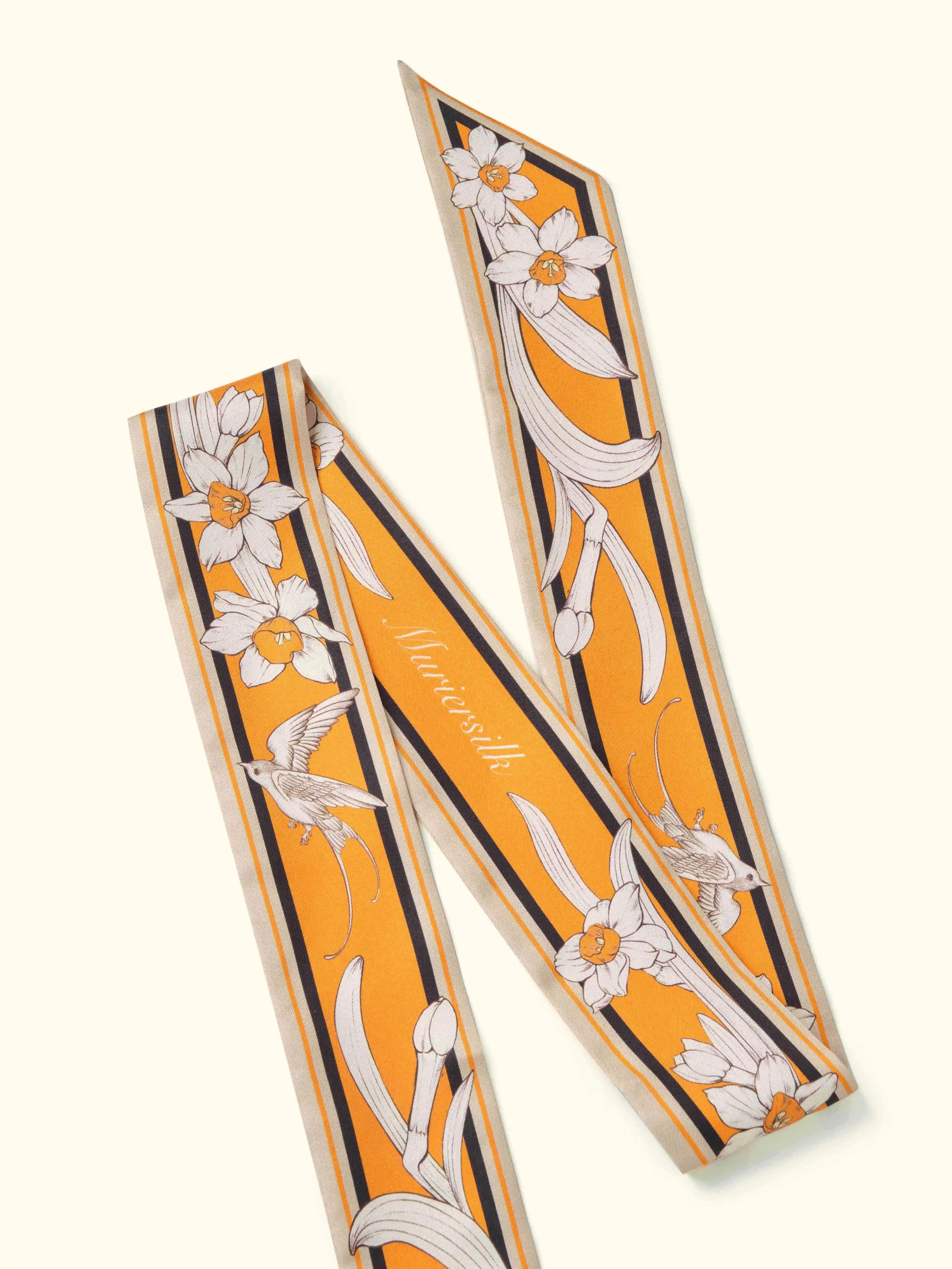 Muriersilk Orange Blossom Silk Twill Skinny Scarf — front view — premium mulberry silk