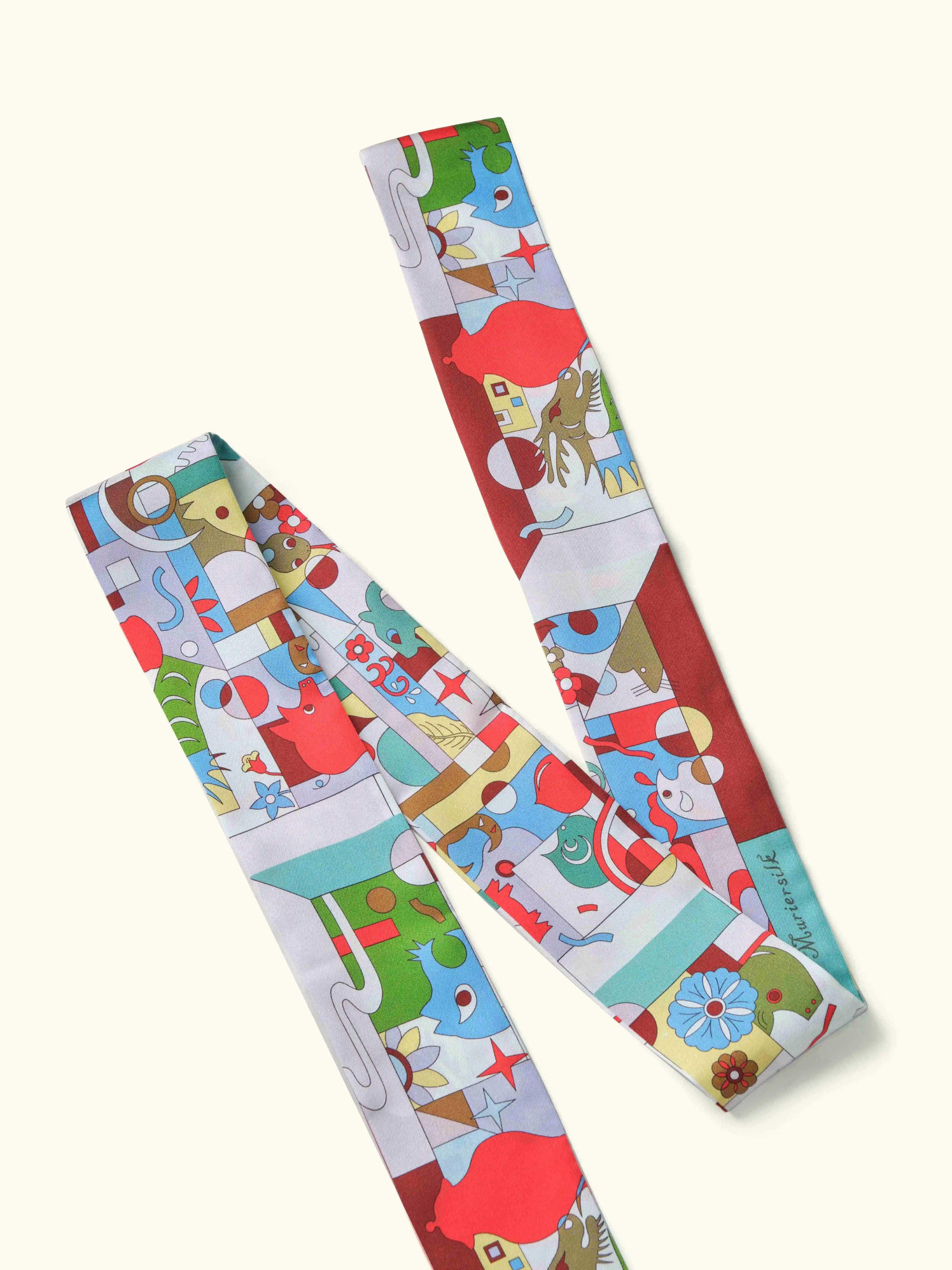 Muriersilk Playful Art Silk Twill Skinny Scarf – Multicolor — front view — premium mulberry silk