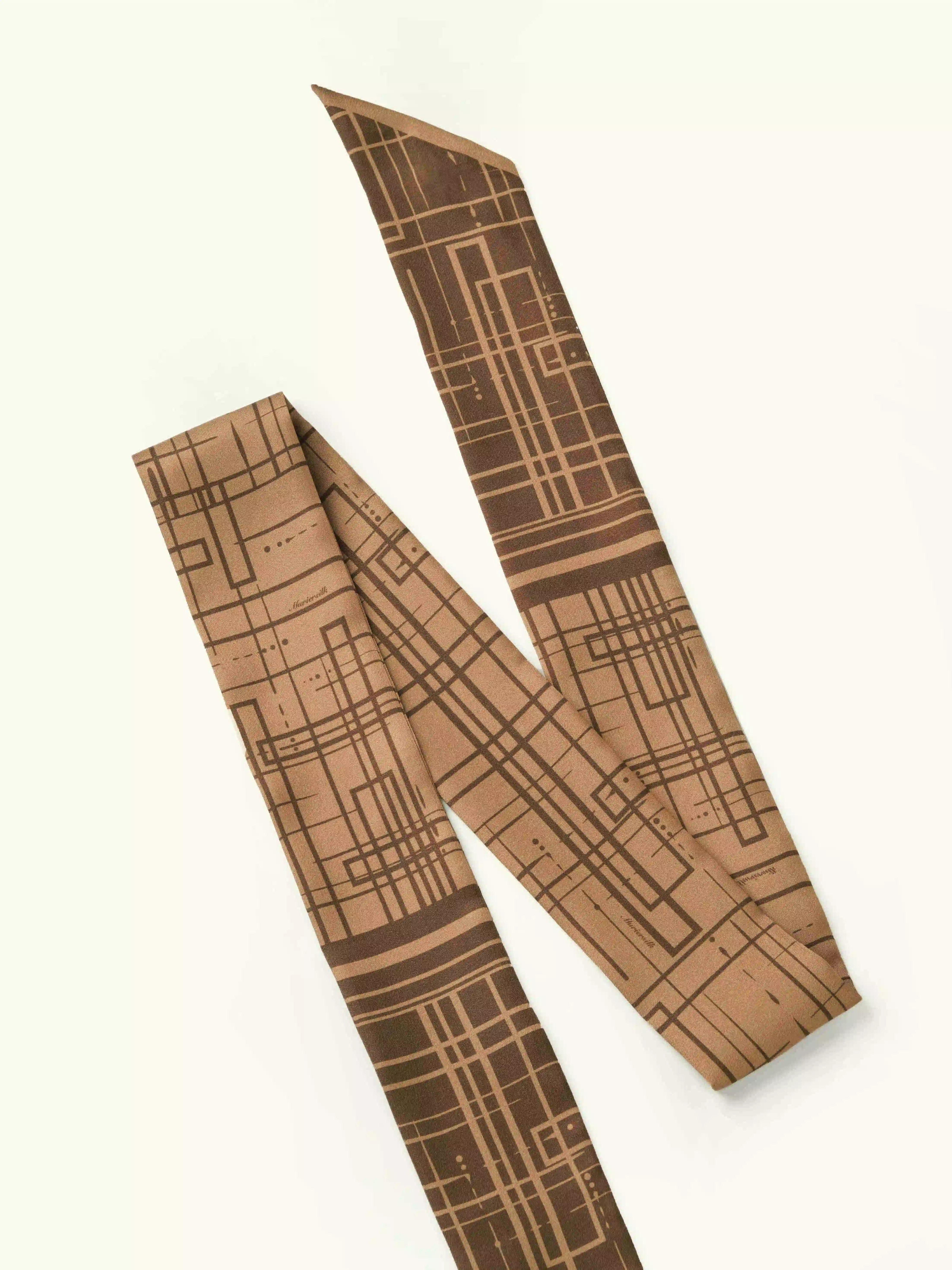 Muriersilk Geometric Grid Long Silk Twill Skinny Scarf – Multicolor — front view — premium mulberry silk