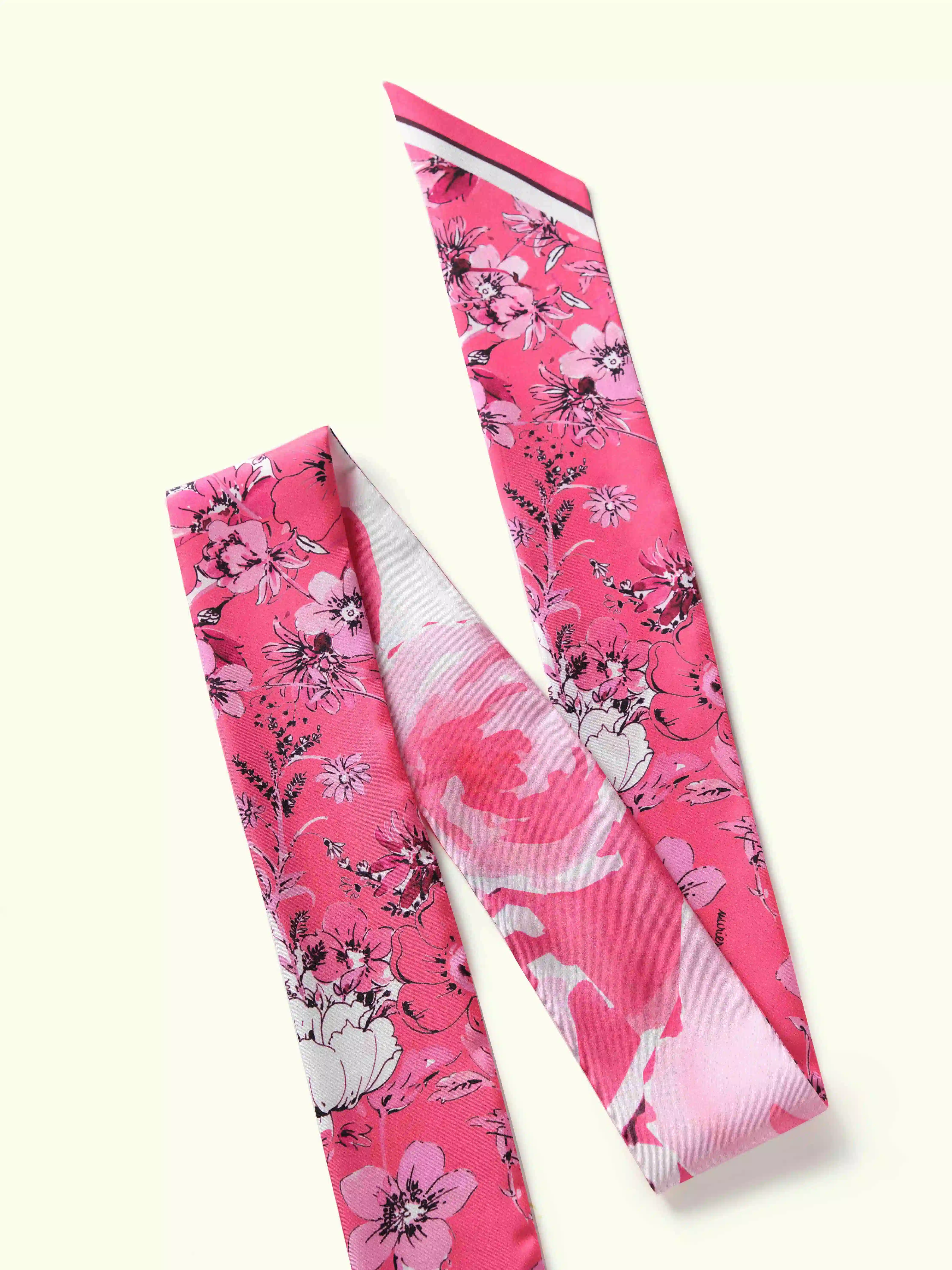 Muriersilk Pink Floral Long Silk Twill Skinny Scarf — front view — premium mulberry silk