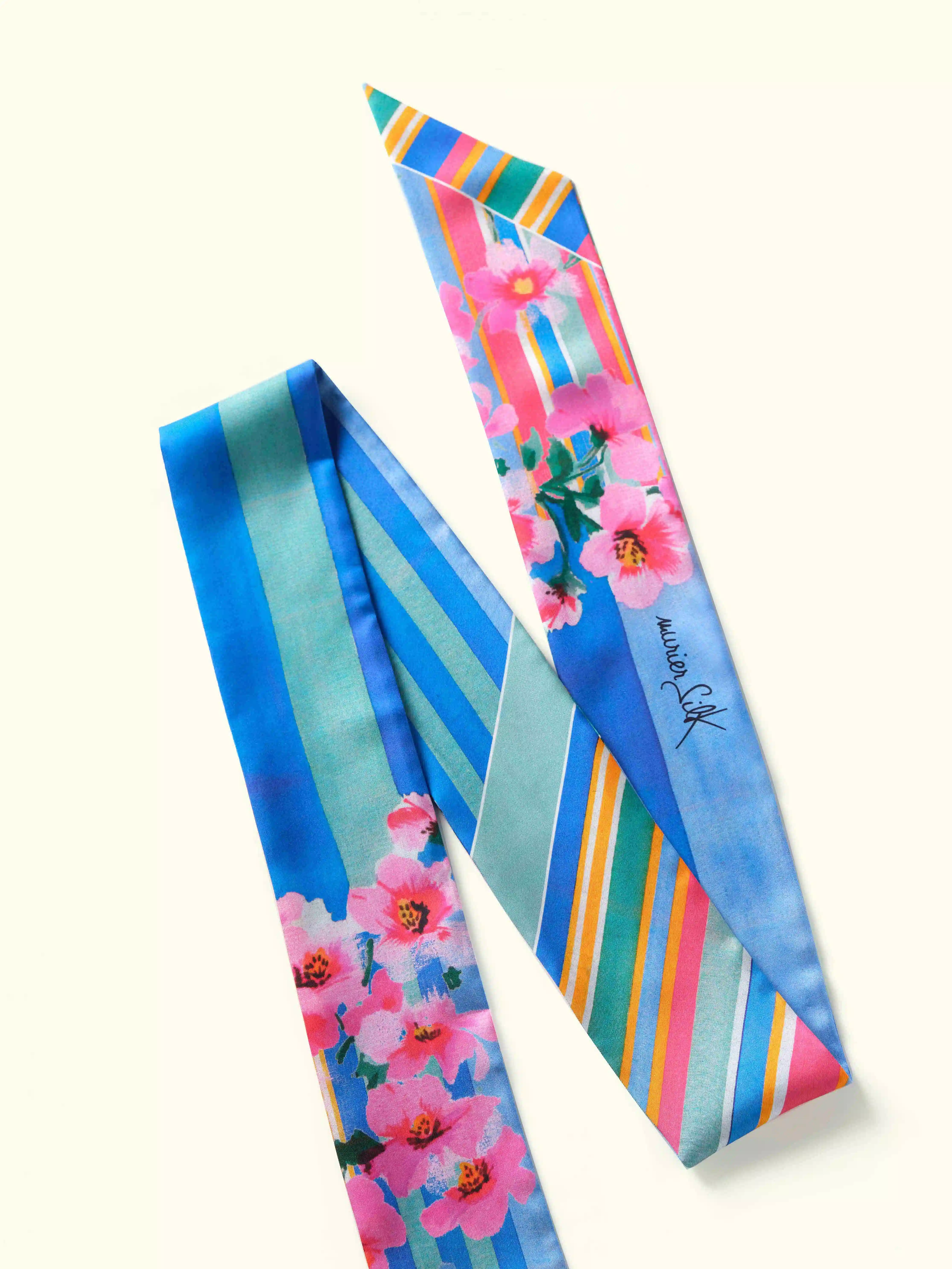 Muriersilk Colorful Garden Long Silk Twill Skinny Scarf — front view — premium mulberry silk