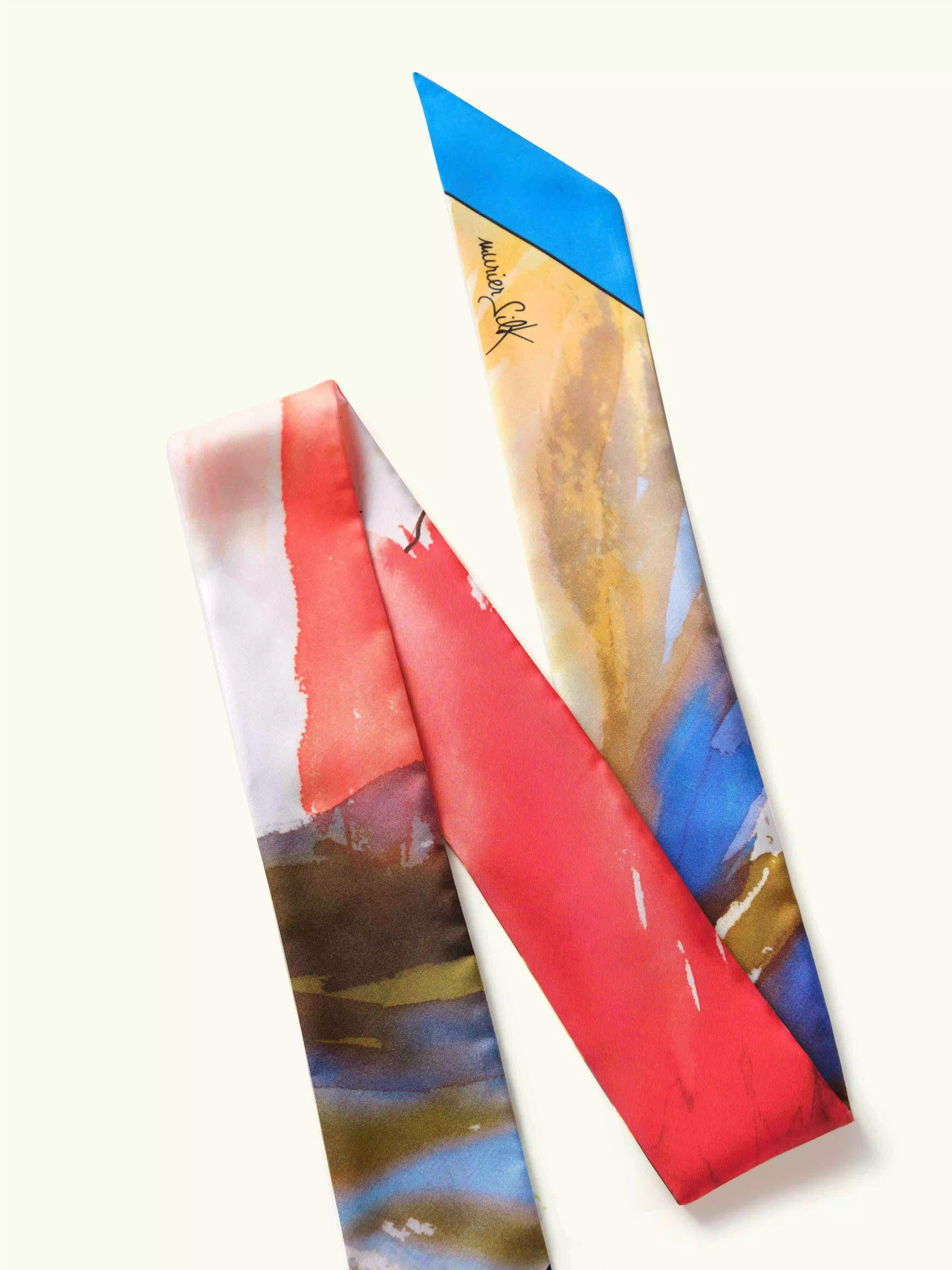 Muriersilk Abstract Landscape Long Silk Twill Skinny Scarf — front view — premium mulberry silk