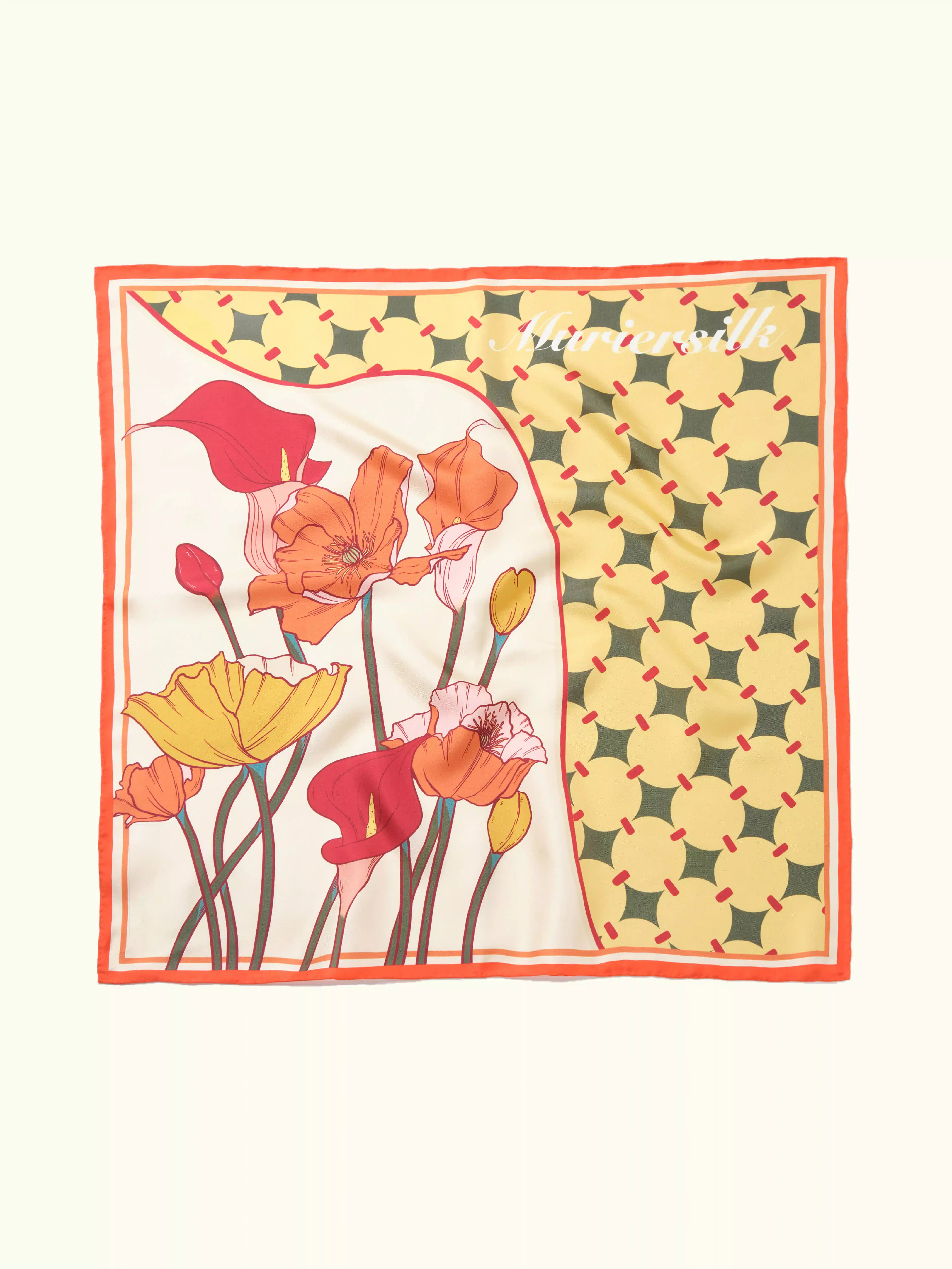 Muriersilk Calla Lily & Poppy Silk Twill Scarf-Coral/Cream — front view — premium mulberry silk