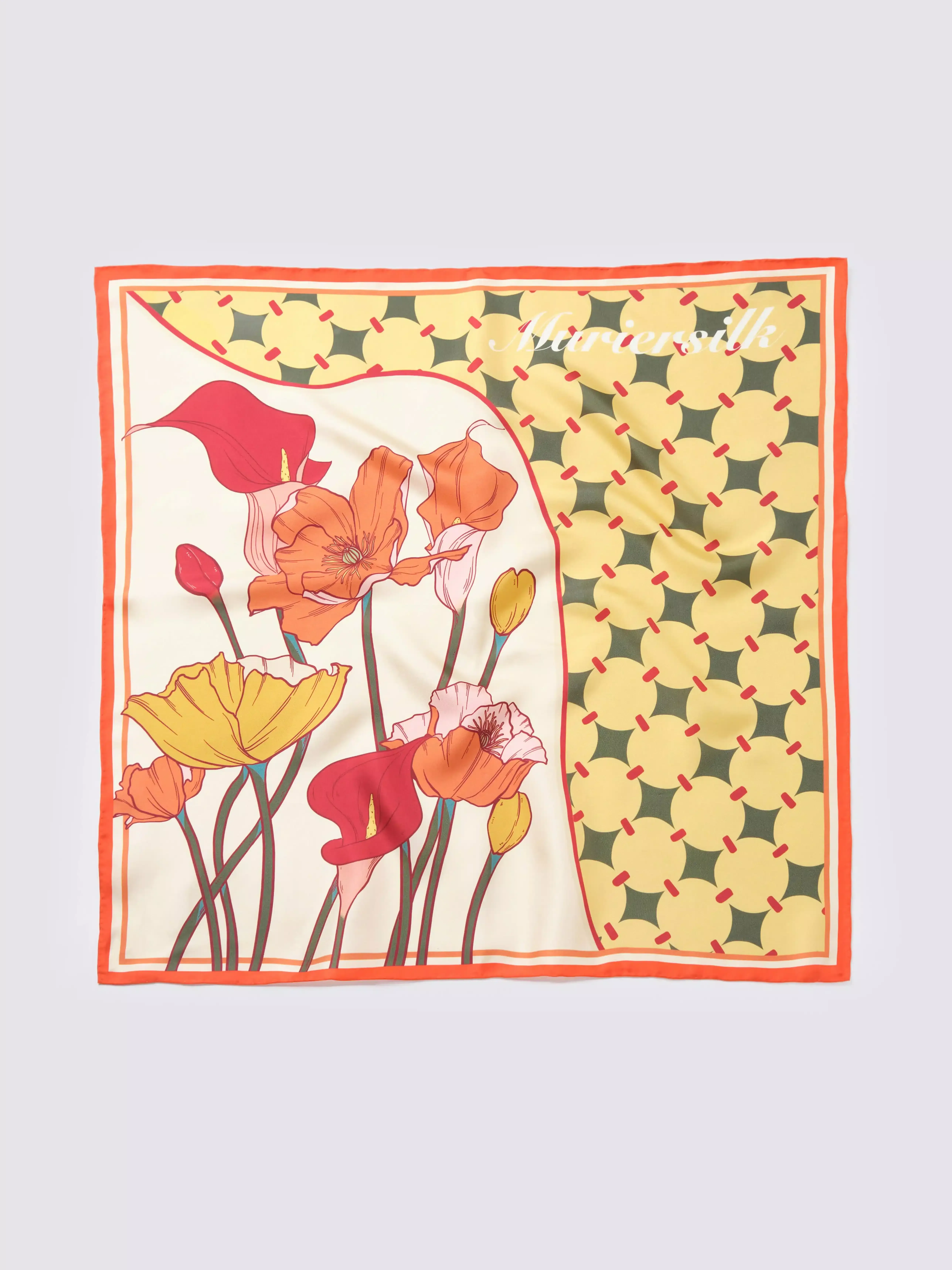 Muriersilk Calla Lily & Poppy Silk Twill Scarf-Coral/Cream — front view — premium mulberry silk