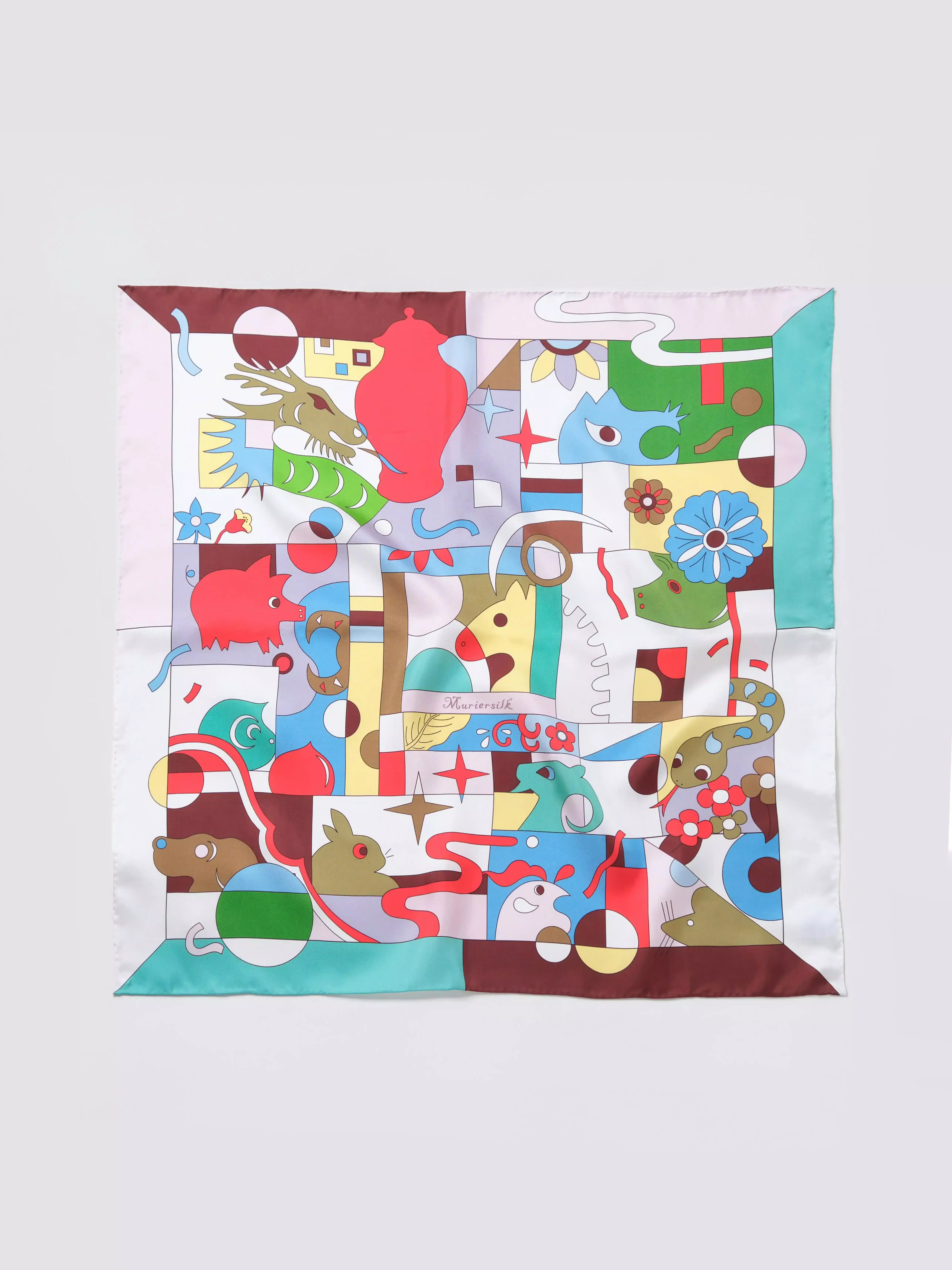 Muriersilk Chinese Zodiac Silk Twill Scarf-Multicolor — front view — premium mulberry silk