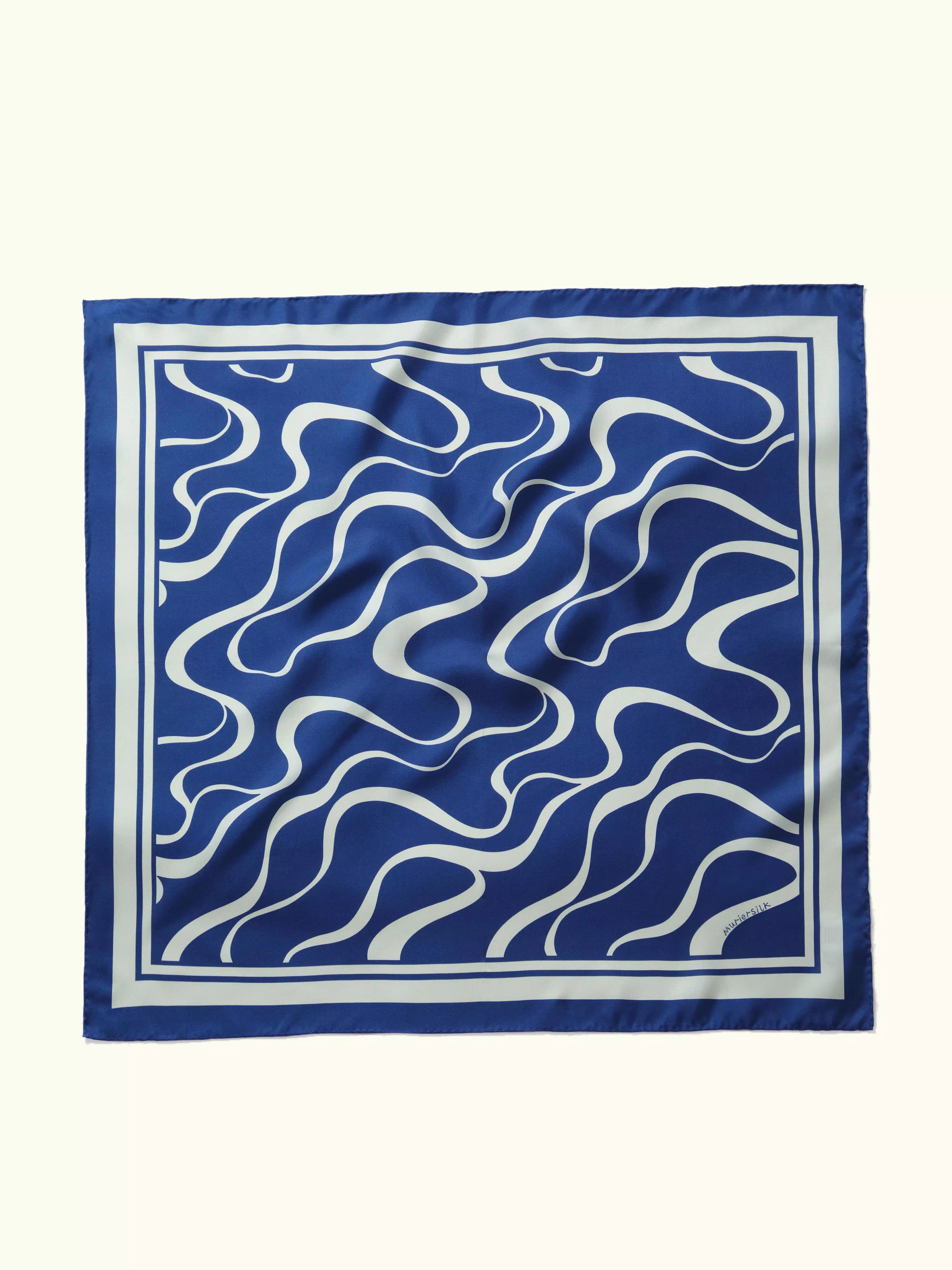 Muriersilk Echoes of Lines Silk Twill Scarf-Blue/Yellow/Green/Rust — front view — premium mulberry silk