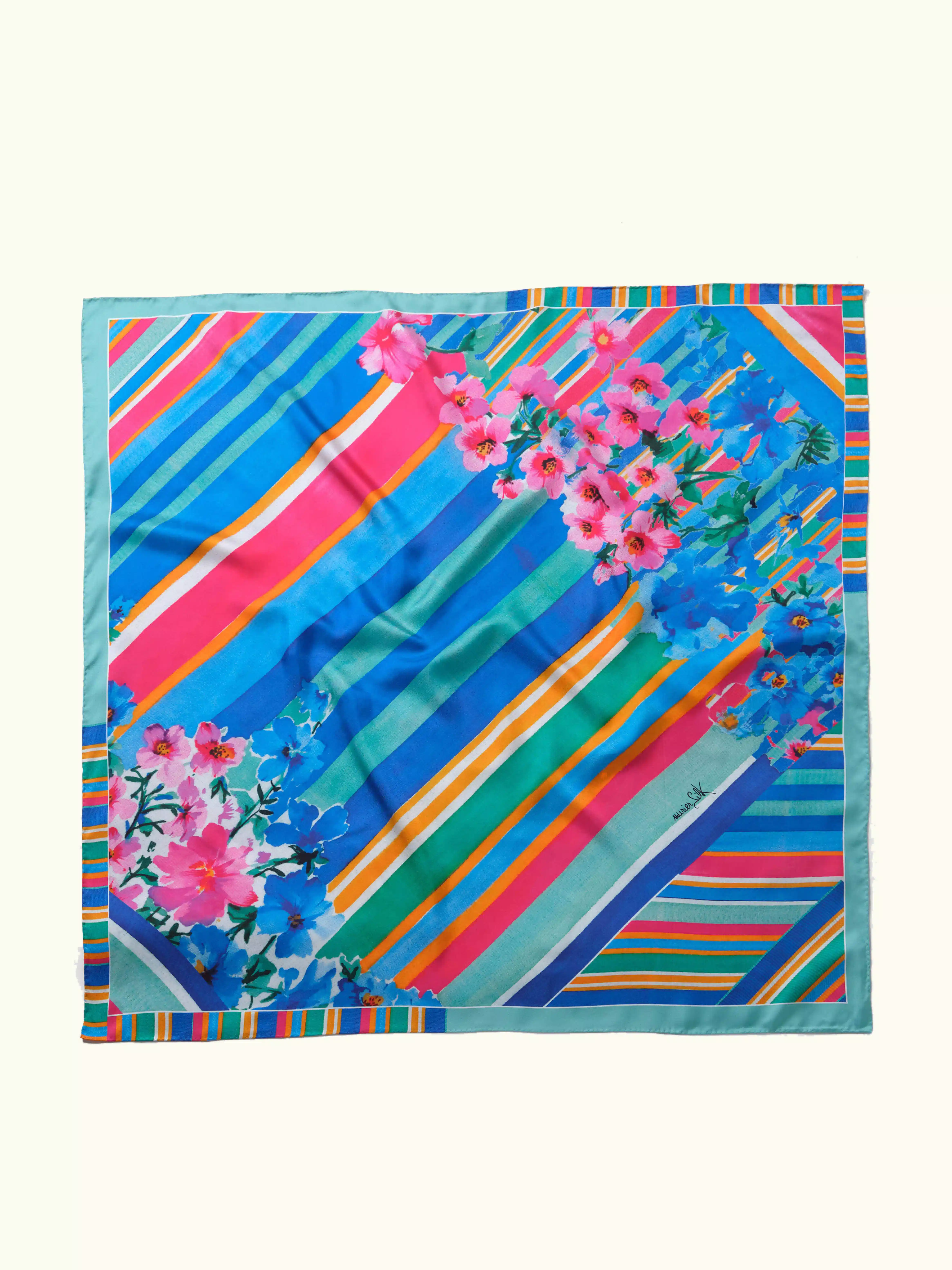 Muriersilk Stripes & Bouquets Silk Twill Scarf-Turquoise/Gray — front view — premium mulberry silk
