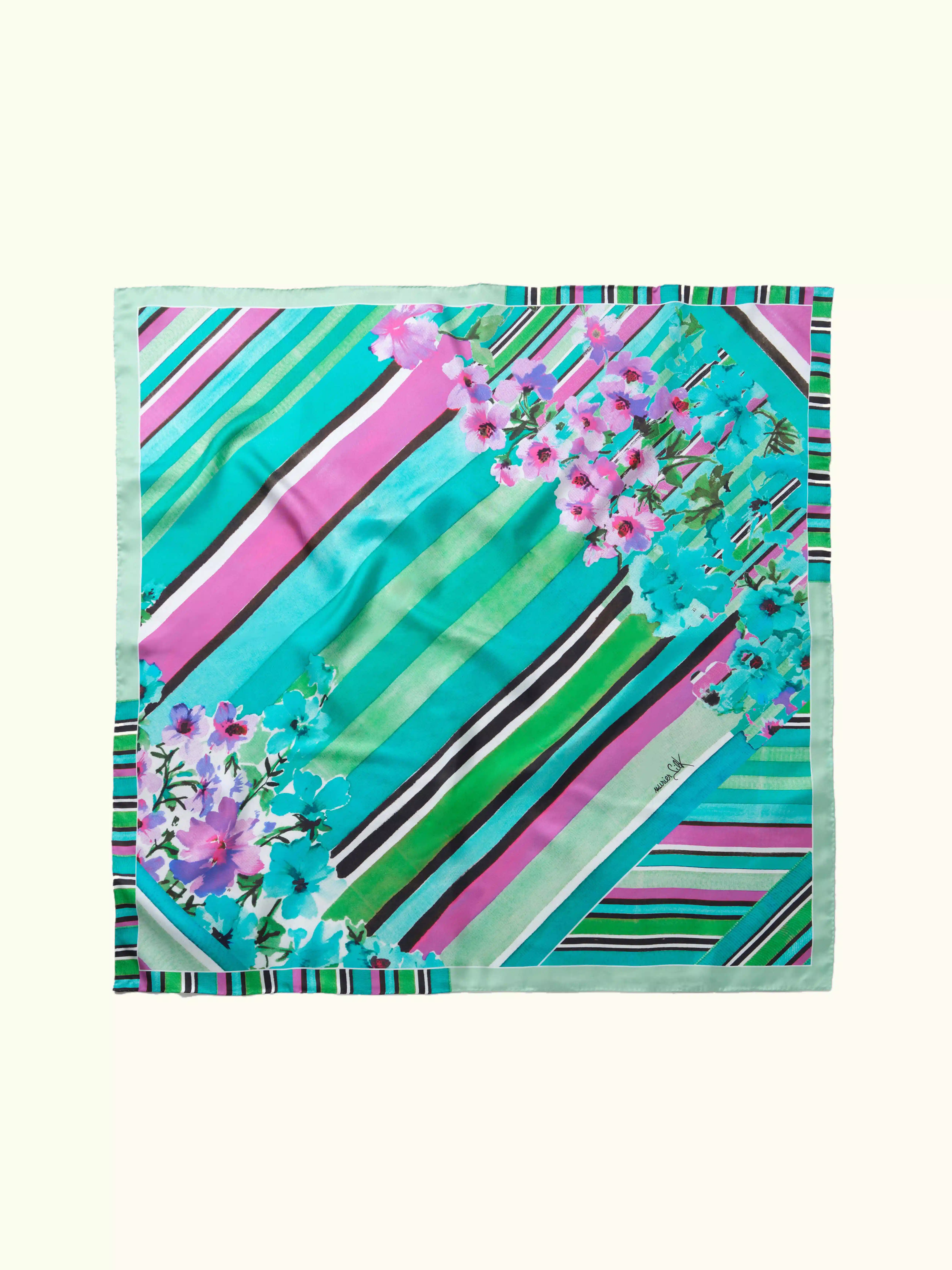 Muriersilk Stripes & Bouquets Silk Twill Scarf-Turquoise/Gray — front view — premium mulberry silk