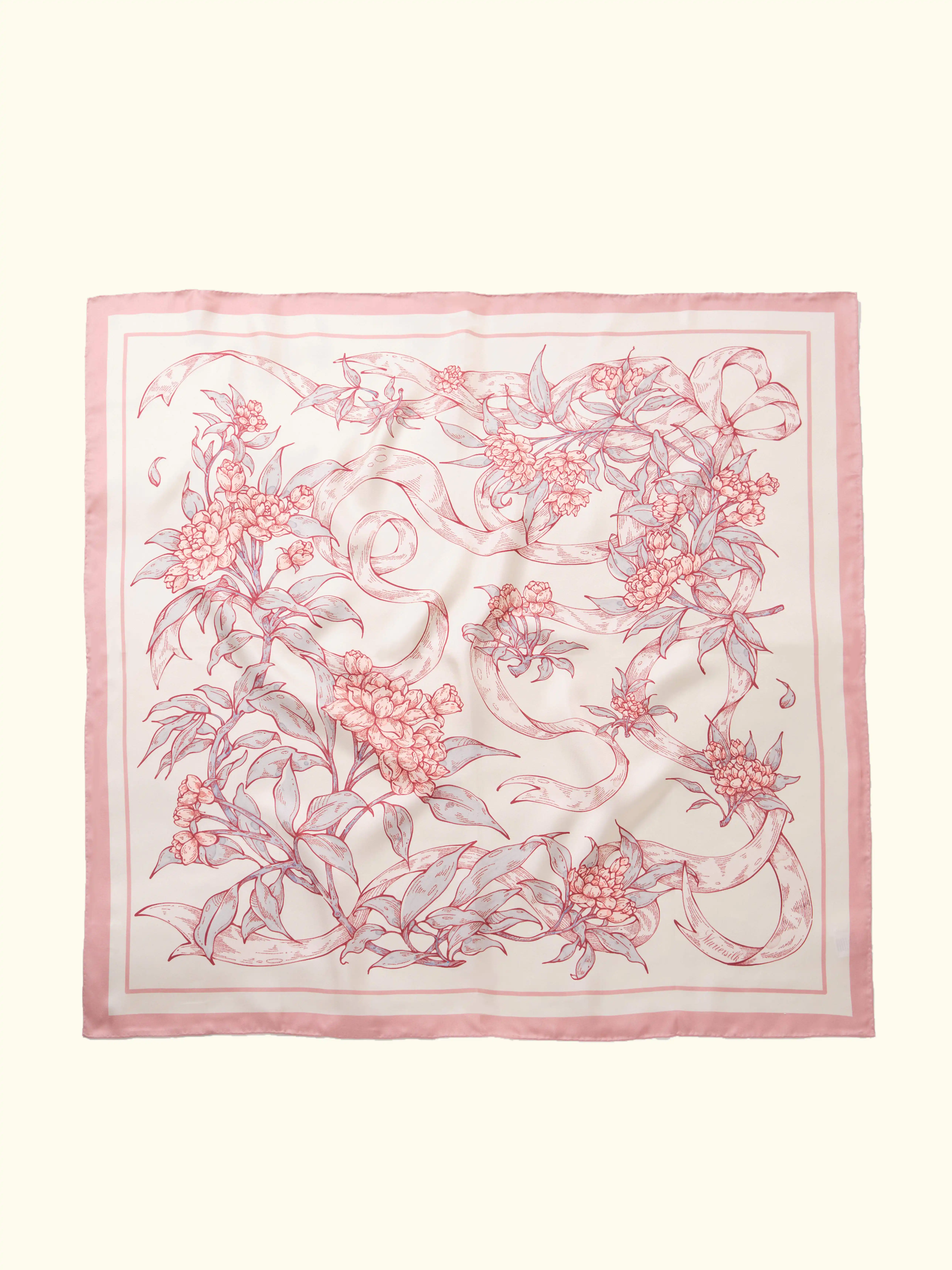 Muriersilk Rosa Banksiae Silk Twill Scarf-Cream/Rose — front view — premium mulberry silk