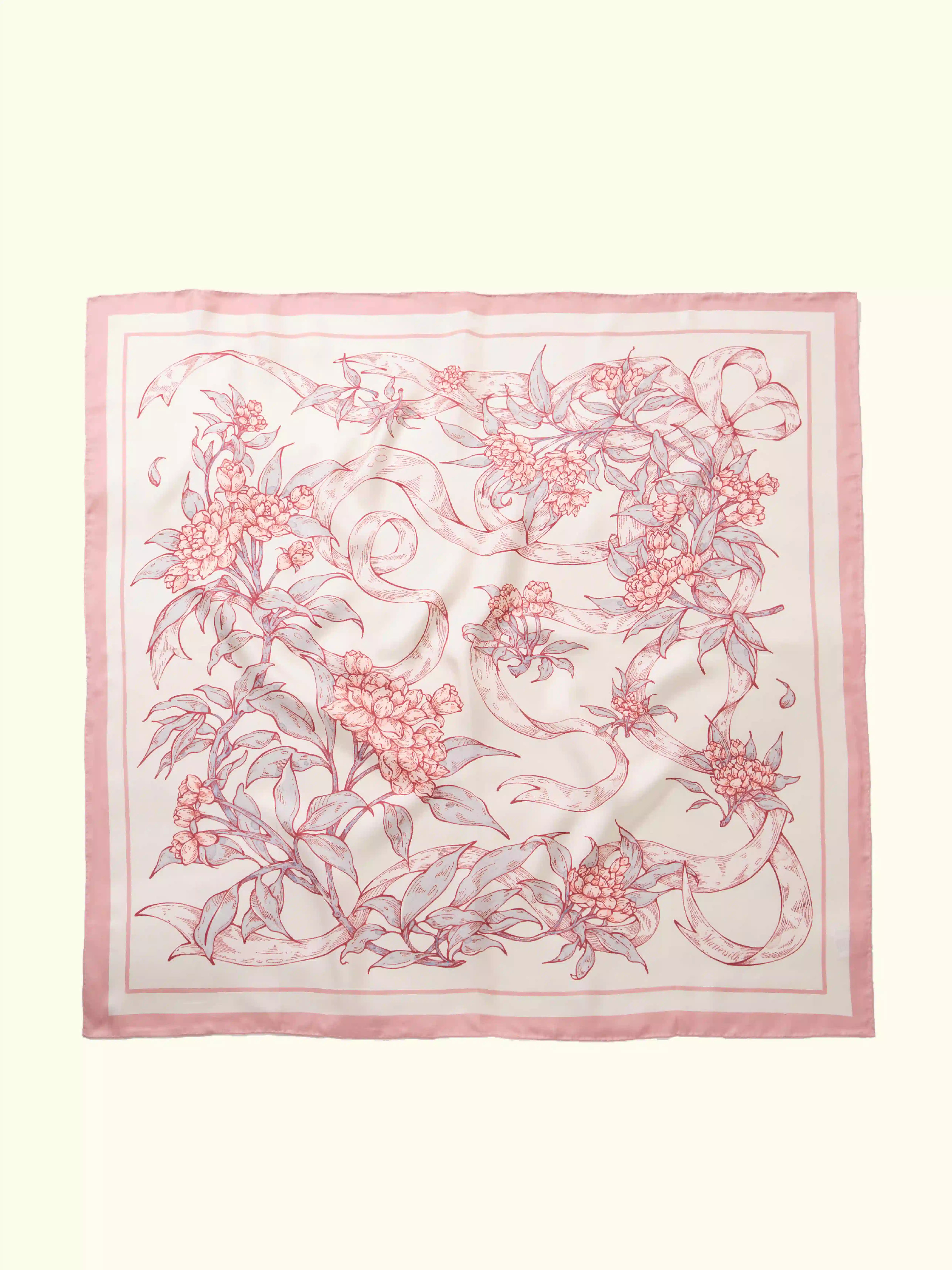 Muriersilk Rosa Banksiae Silk Twill Scarf-Cream/Rose — front view — premium mulberry silk