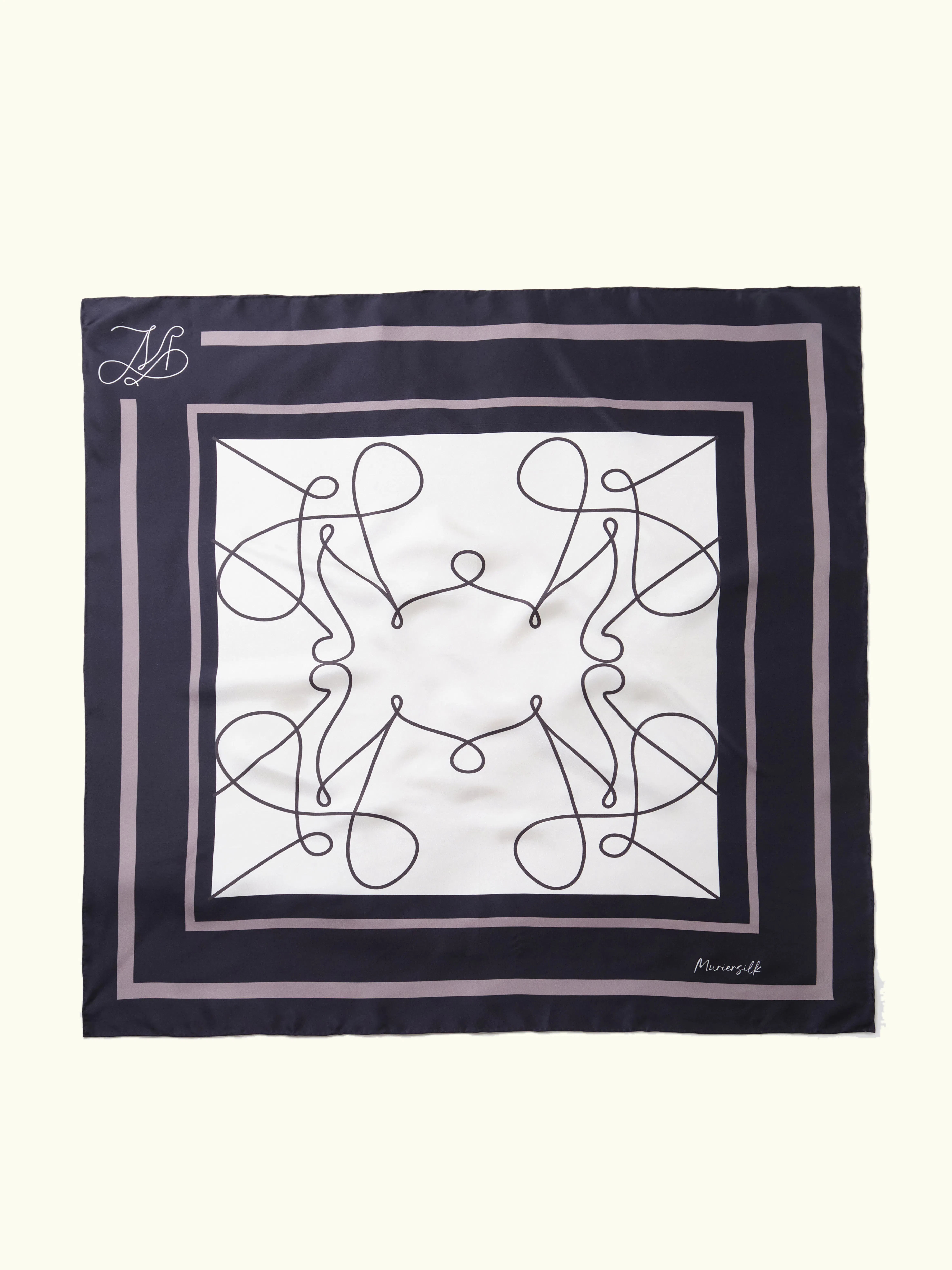 Muriersilk M Petal Silk Twill Scarf-Black/Mauve — front view — premium mulberry silk