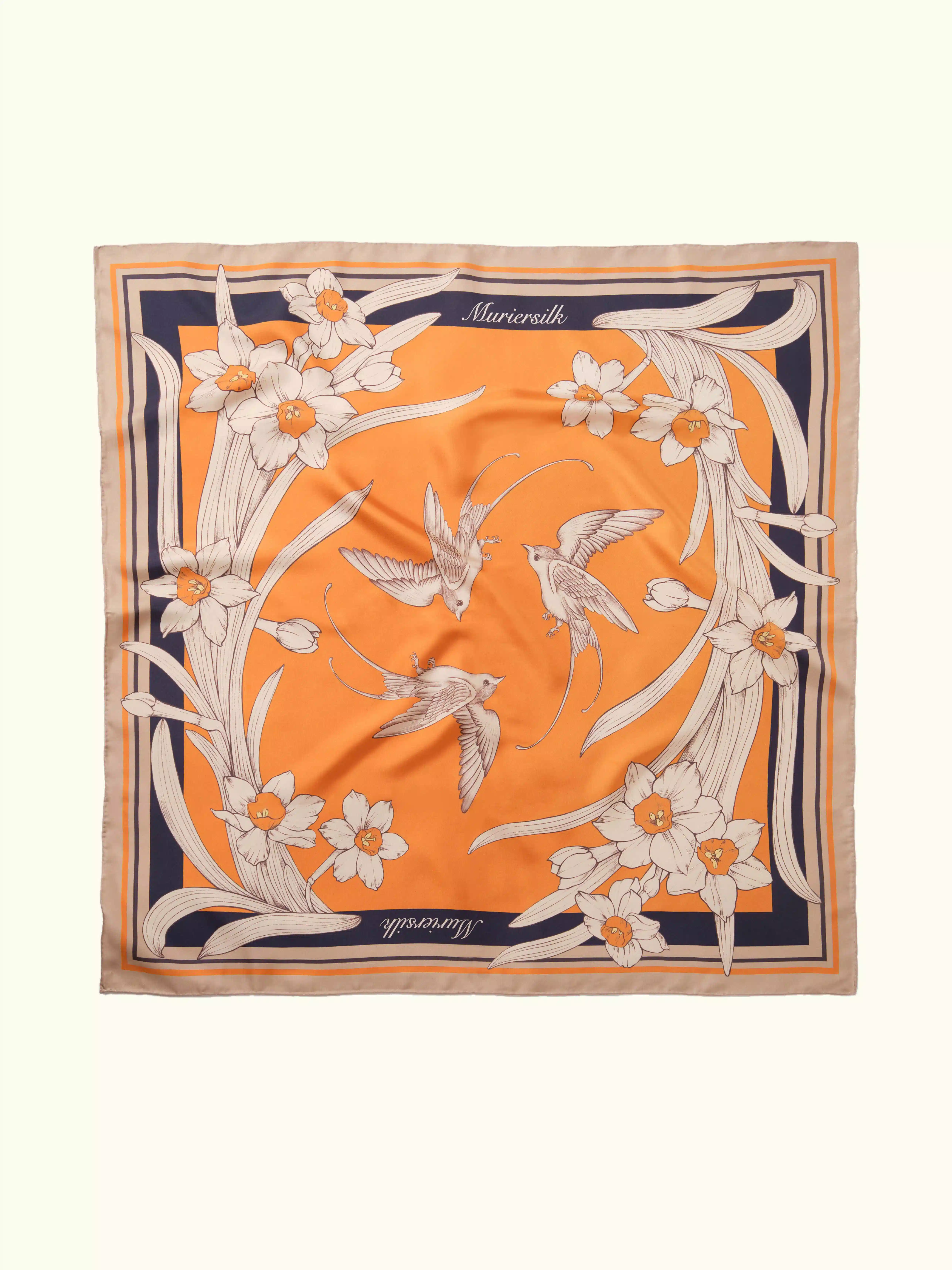 Muriersilk Narcissus & Swallows Silk Twill Scarf-Orange/Navy — front view — premium mulberry silk