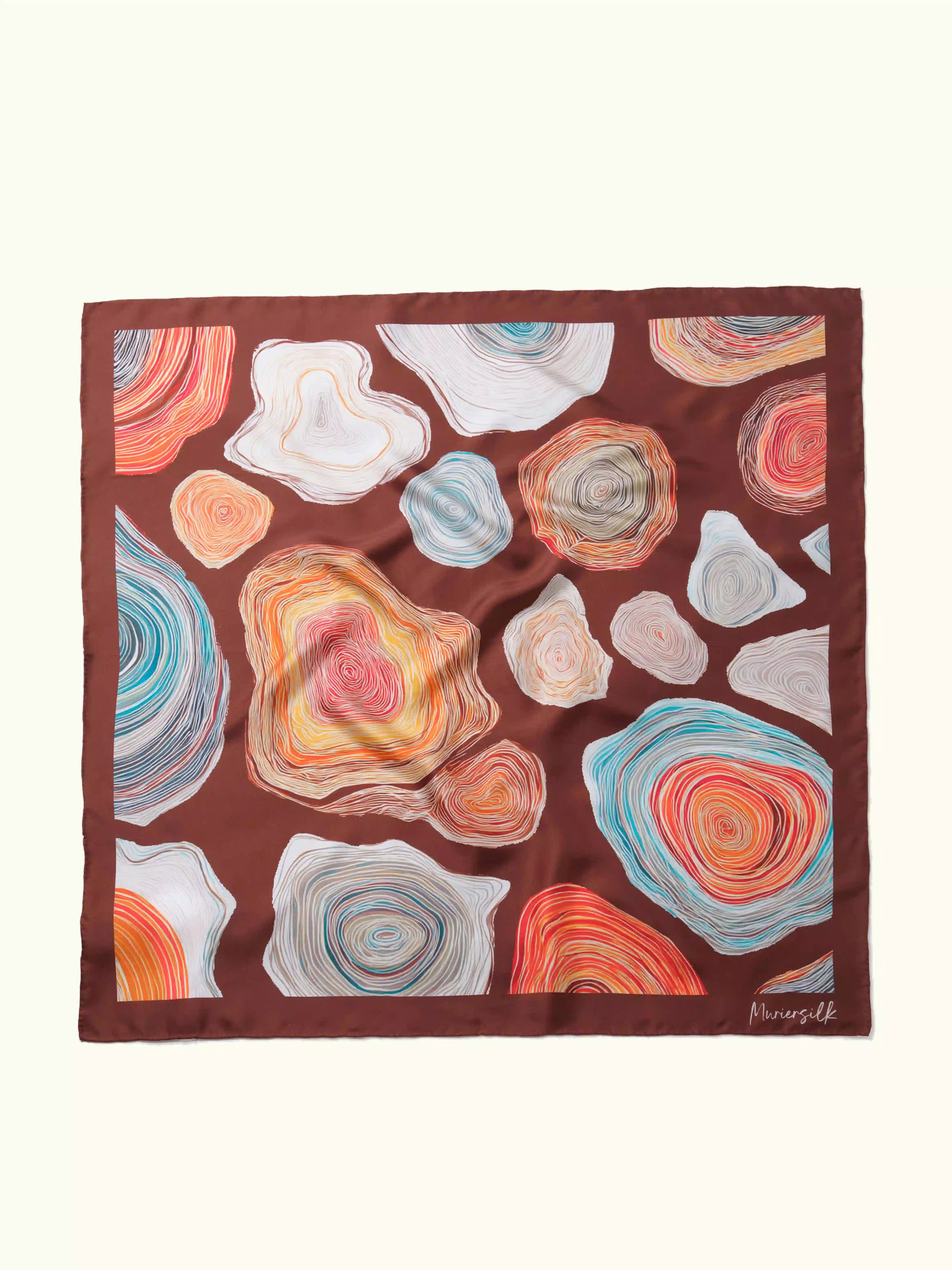 Muriersilk Tree Ring Silk Twill Scarf-Brown/Peach/Turquoise/Yellow — front view — premium mulberry silk