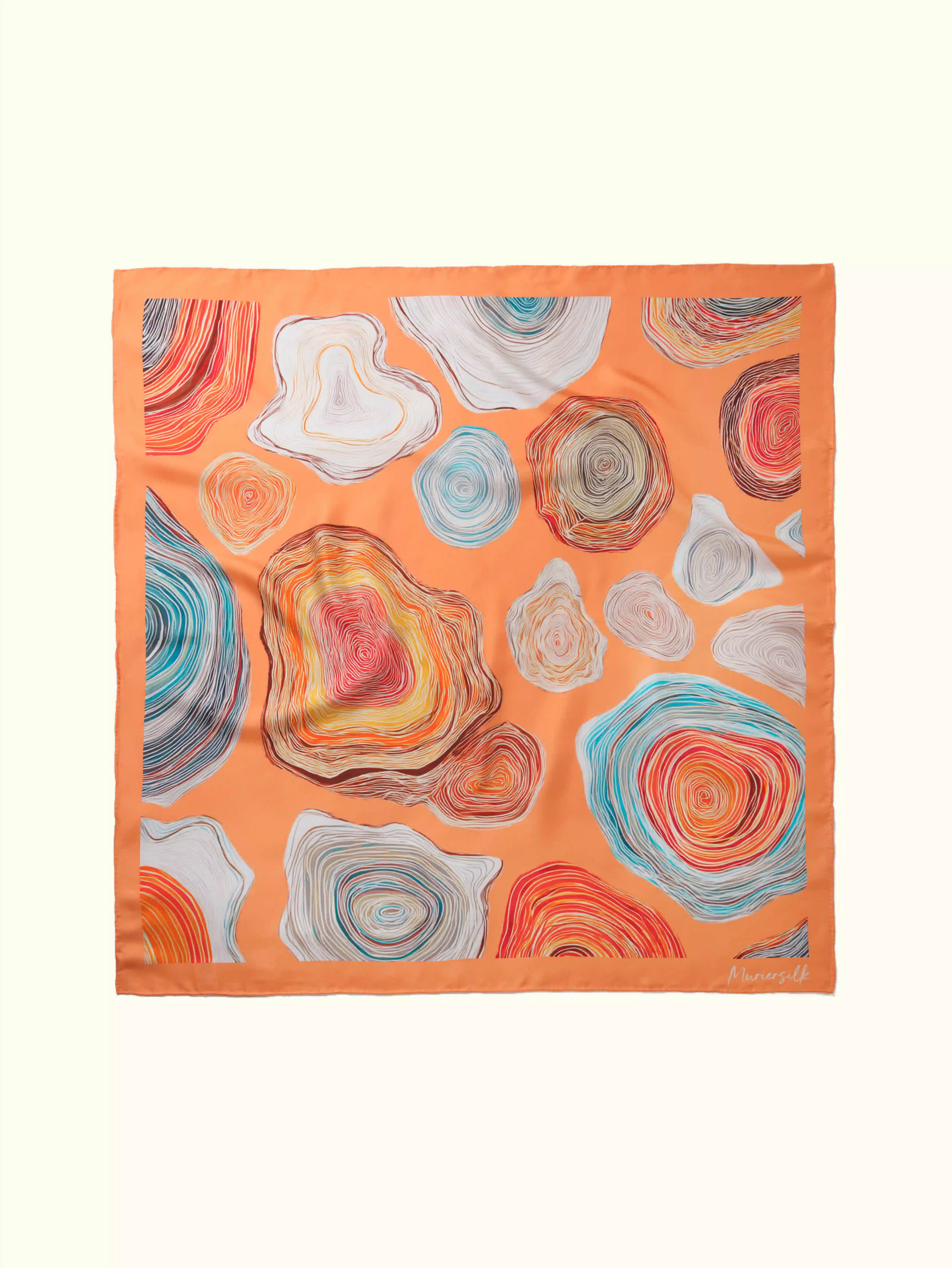 Muriersilk Tree Ring Silk Twill Scarf-Brown/Peach/Turquoise/Yellow — front view — premium mulberry silk